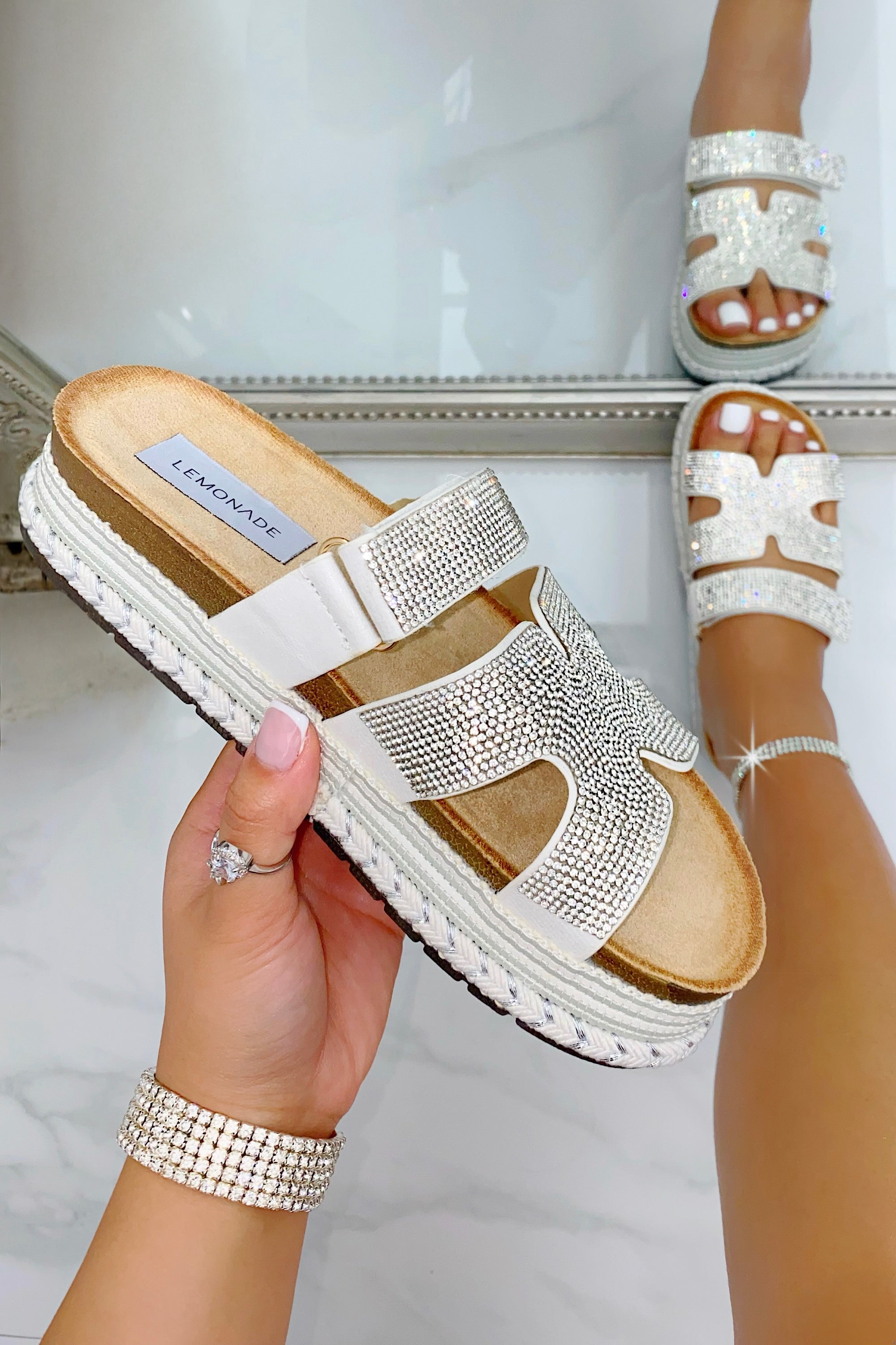 Crystal Luxe Double Strap Sliders Silver finished with double Strap