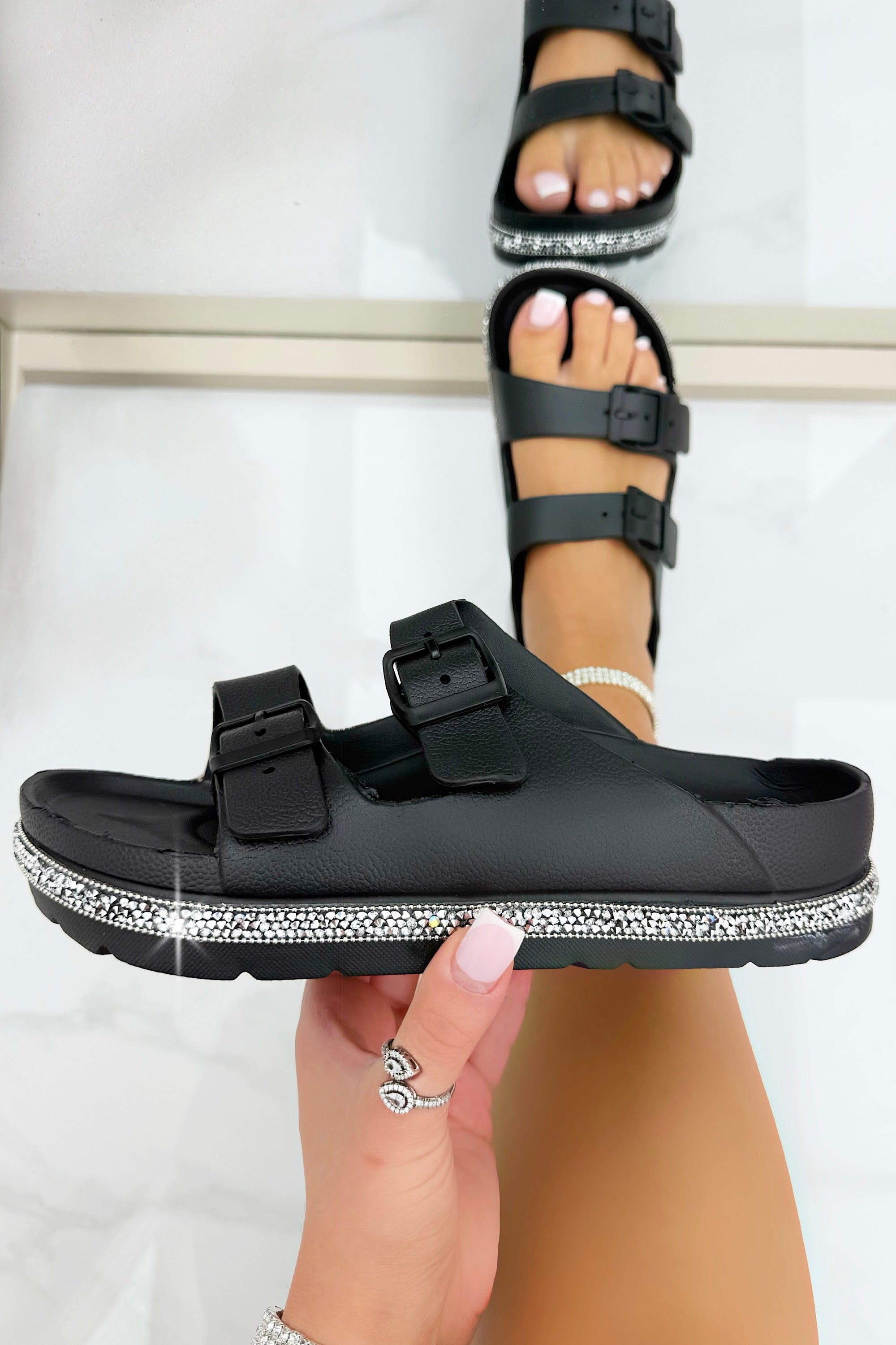 Crystal Trim Lightweight Double Strap Sliders Black