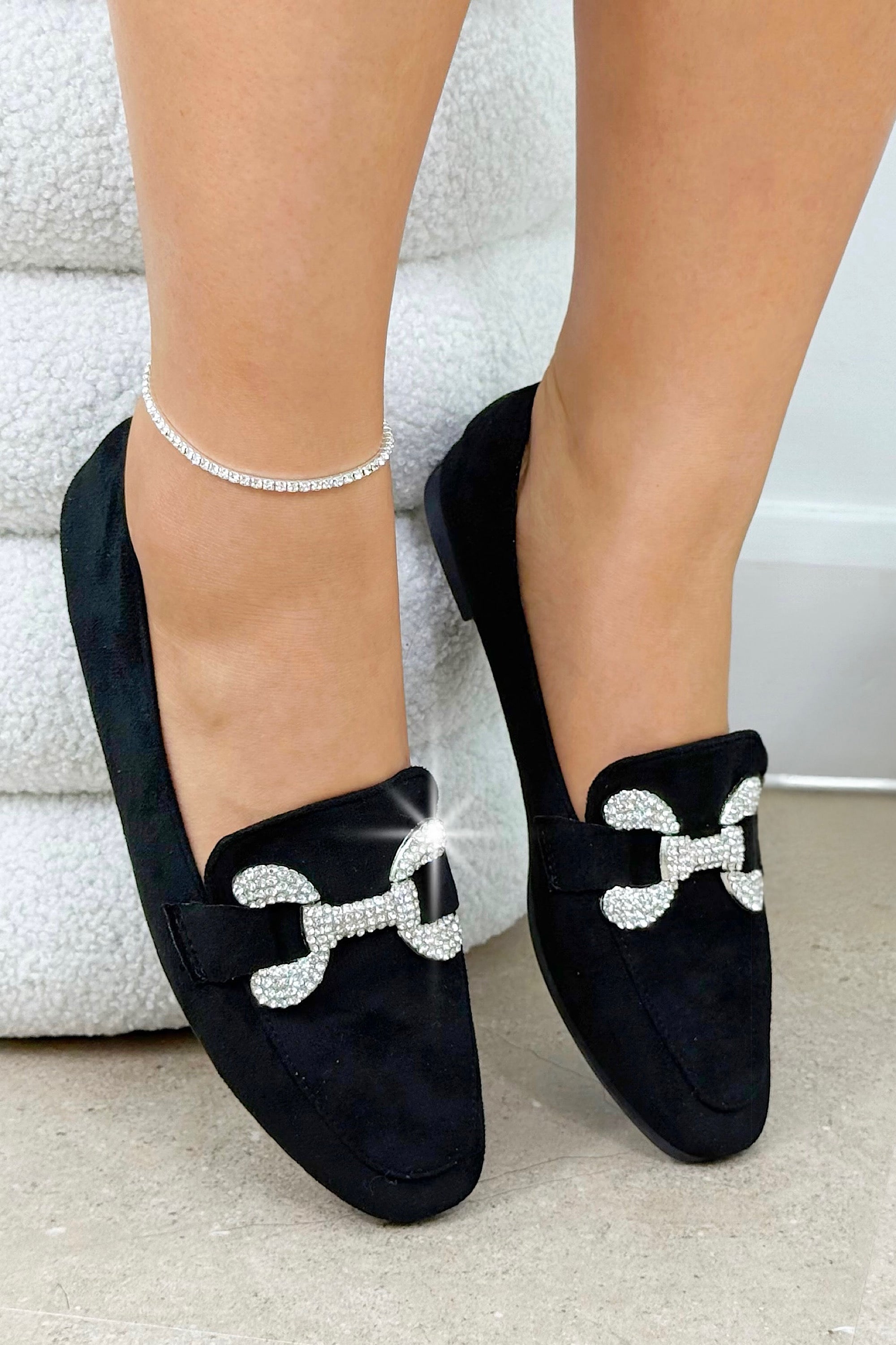 Crystal Diamond Dusk Loafers Black, bringing attention to crystal-embellished buckle