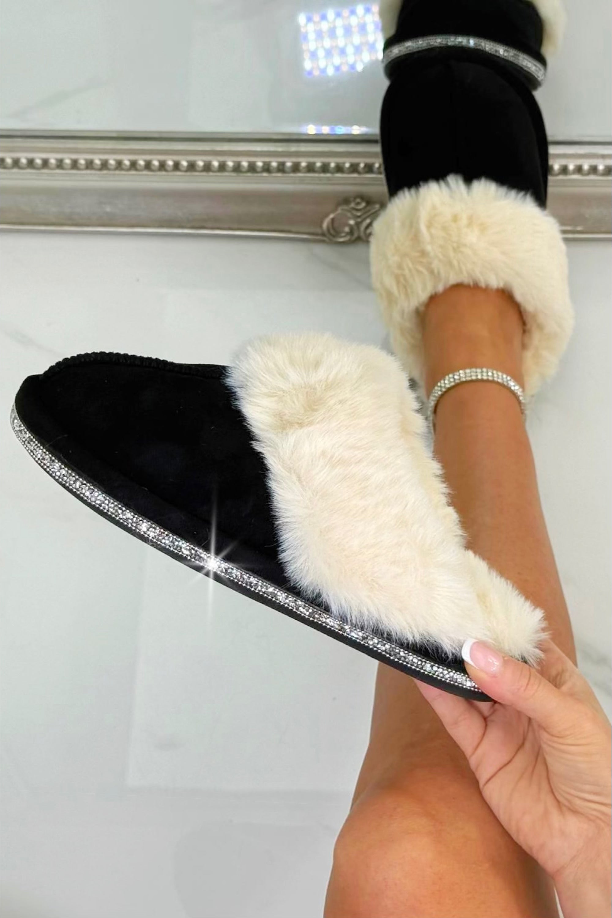 Crystal Trim Cosy Slippers Black