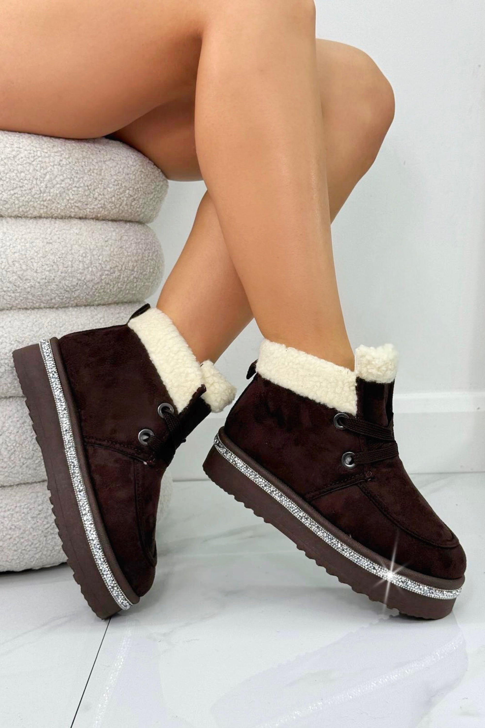 Crystal Luxe Lodge Faux Fur Lined Boots Brown, showcasing plush faux-fur interior