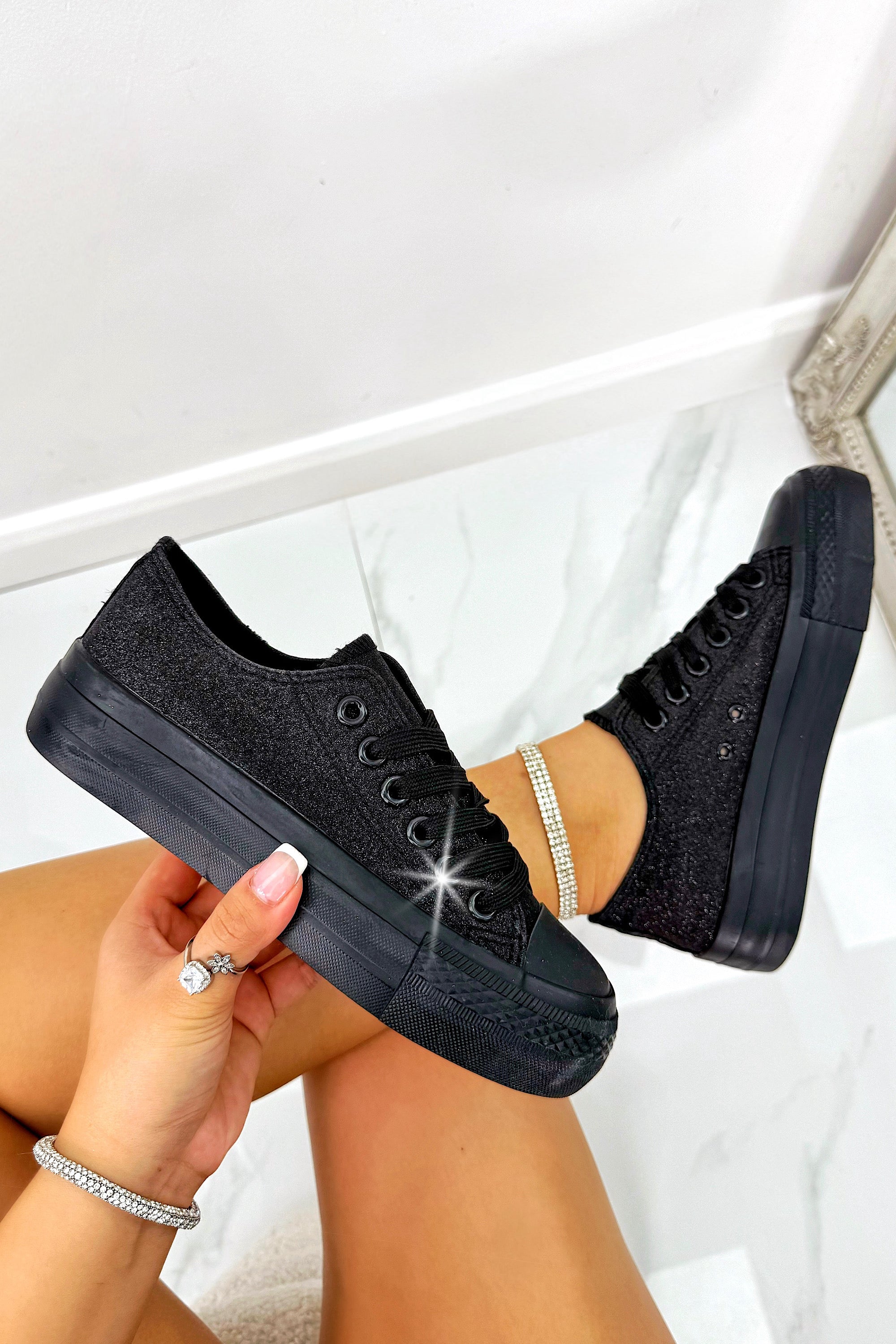 Sparkly Glitter Canvas Trainers Black finished with lace up trainer style