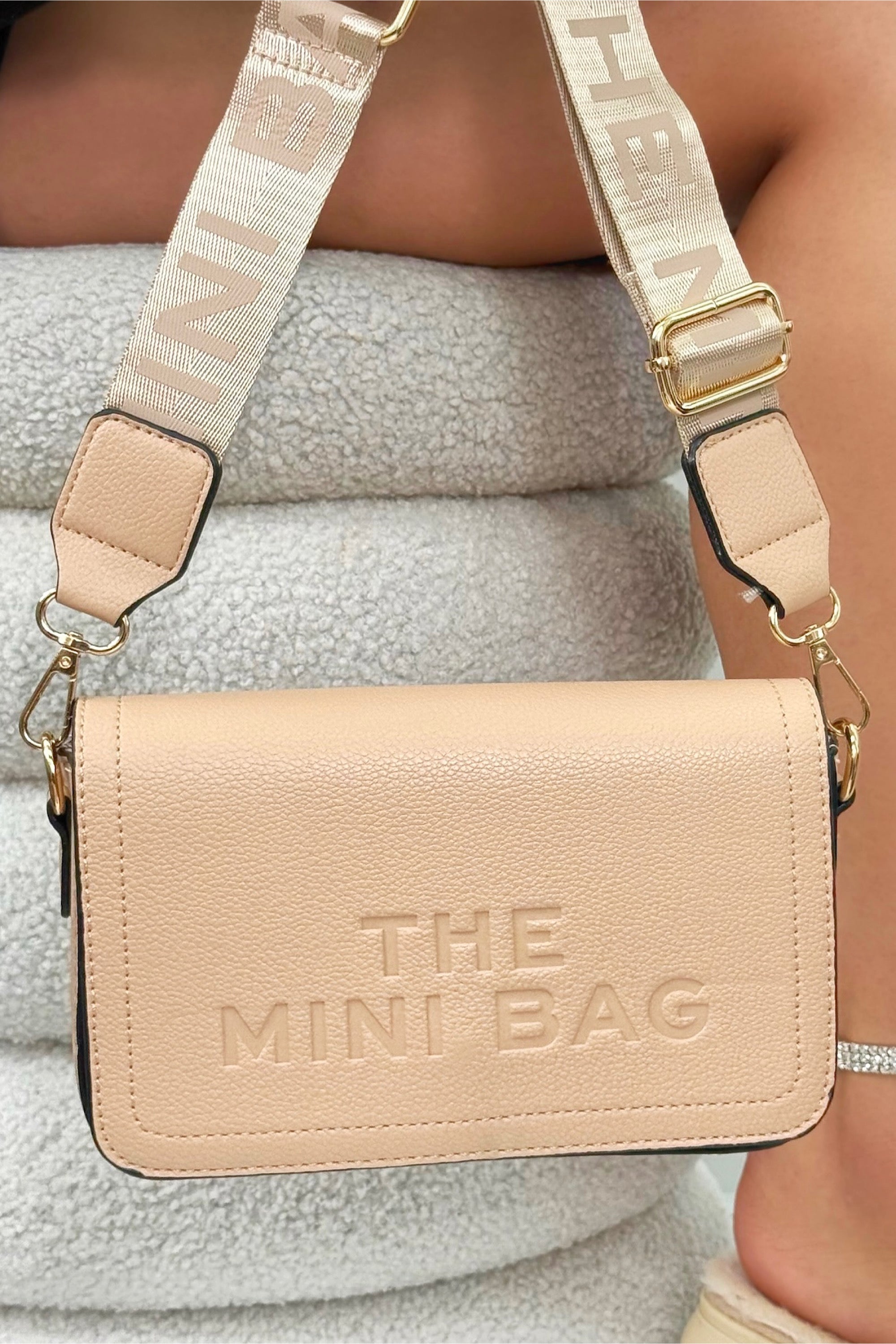Faux Leather Mini Textured Crossbody Shoulder Bag Beige finished with slogan strap and compartments