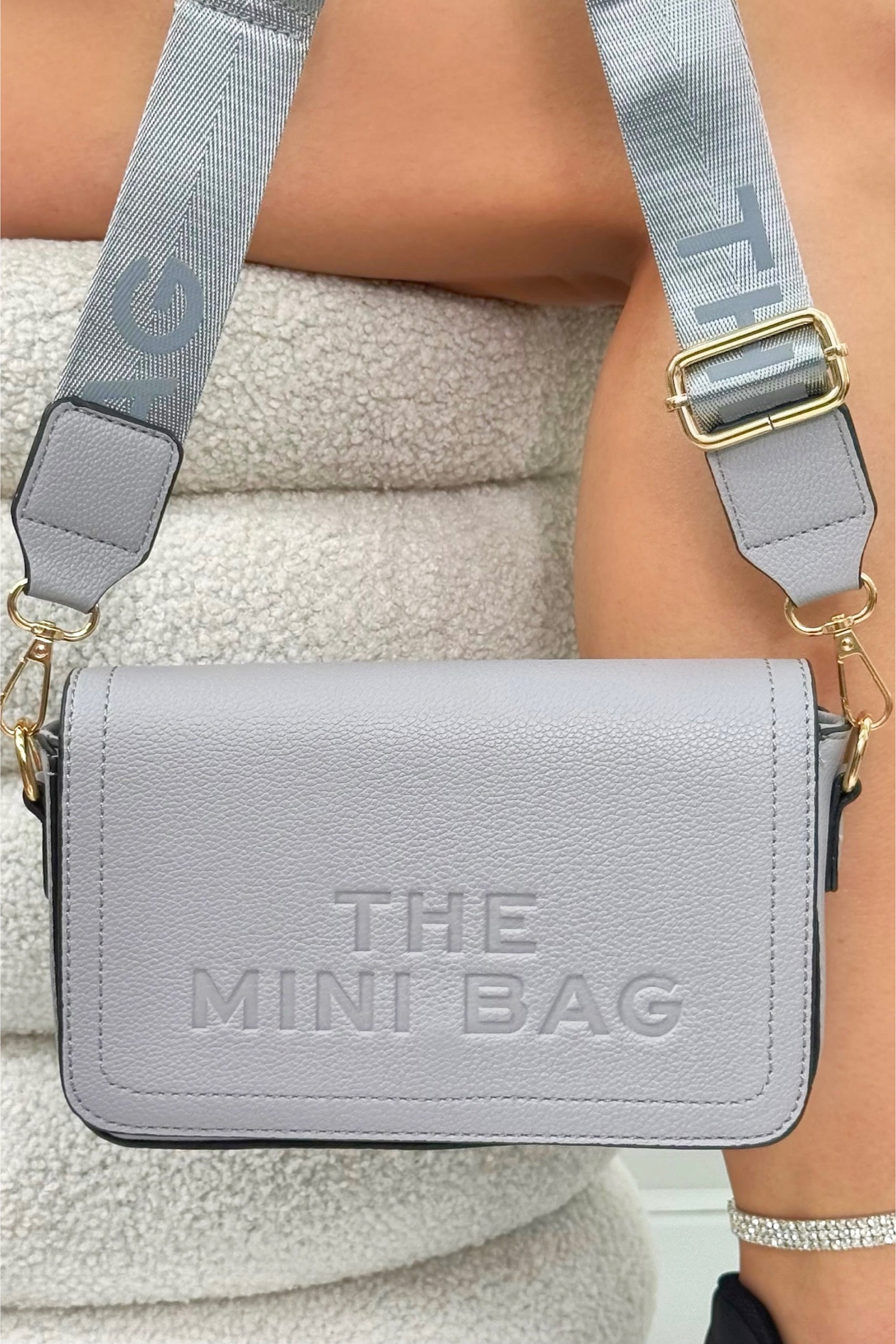 Faux Leather Mini Textured Crossbody Shoulder Bag Grey featuring slogan strap and compartments