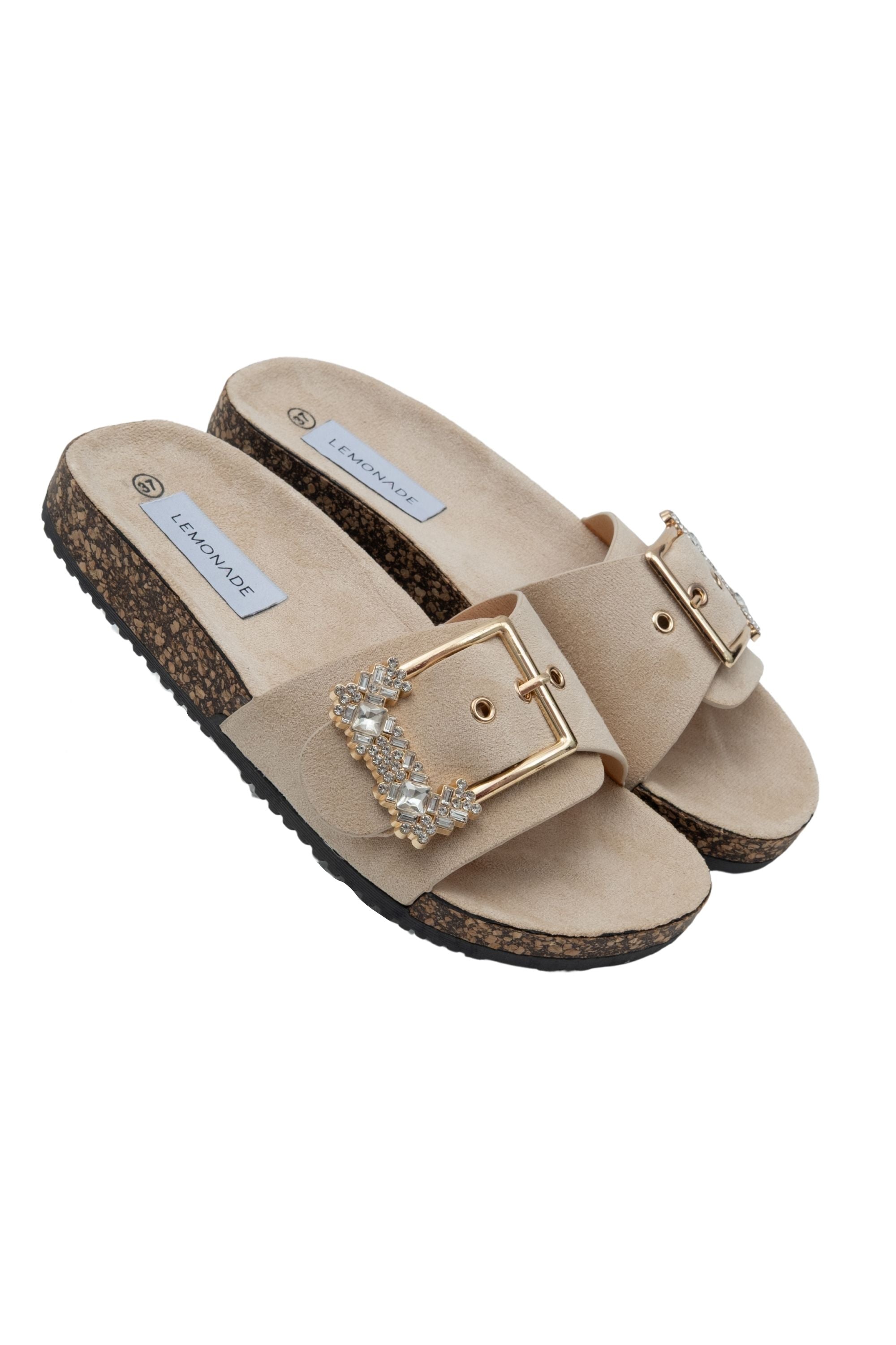 Crystal Chunky Buckle Sliders Nude, featuring slip-On Design