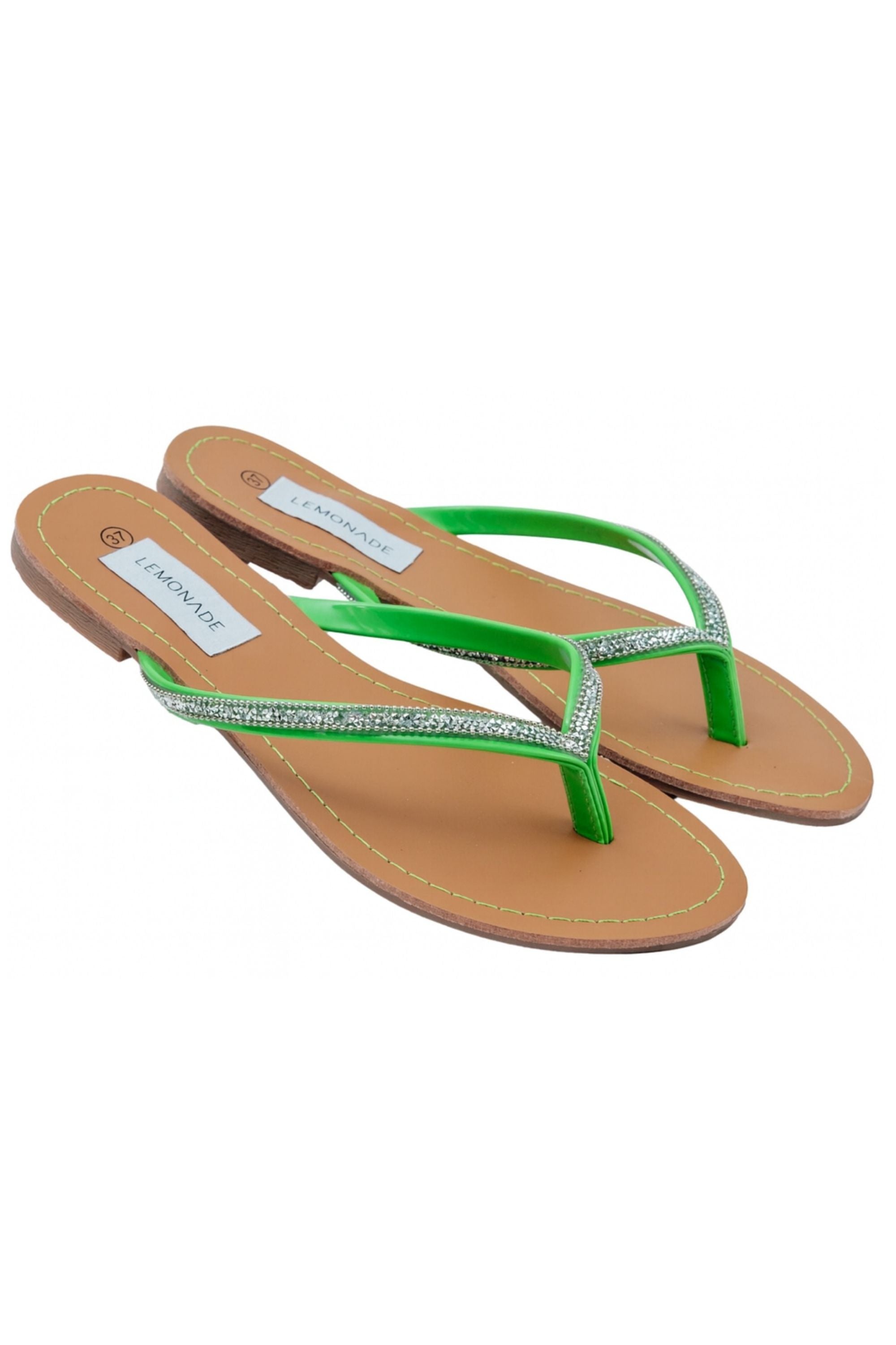 Crystal Sparkle Flip Flops Neon Green, featuring key design details