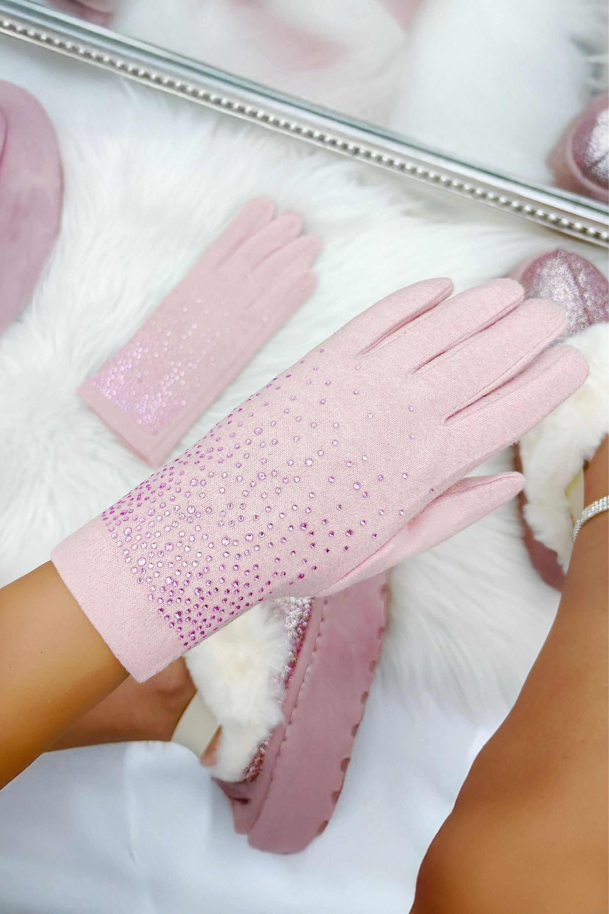 Sparkly Crystal Shine Gloves Baby Pink featuring crystal Embellished