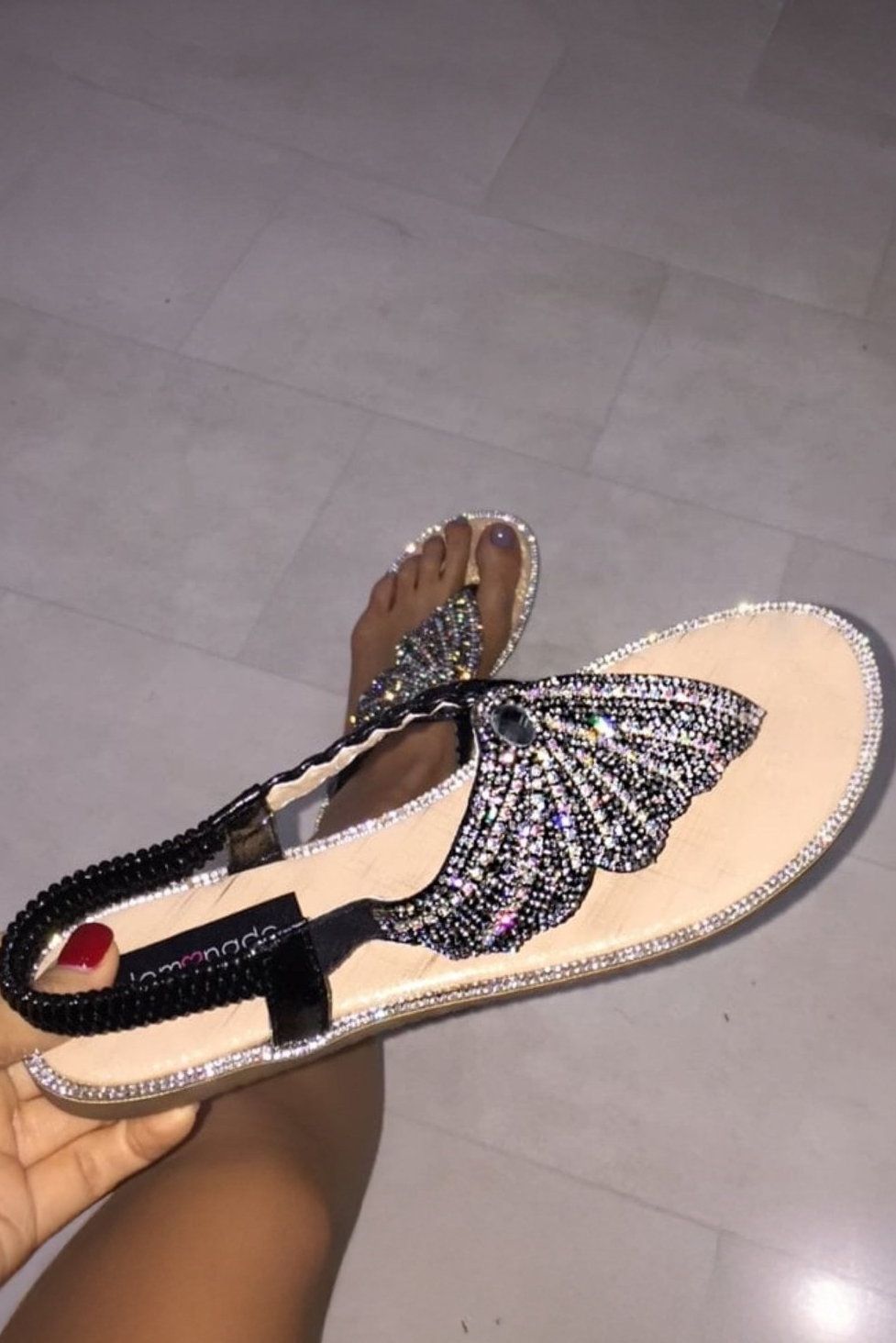 Crystal Couture Butterfly Sandals Black finished with elasticated Back Band