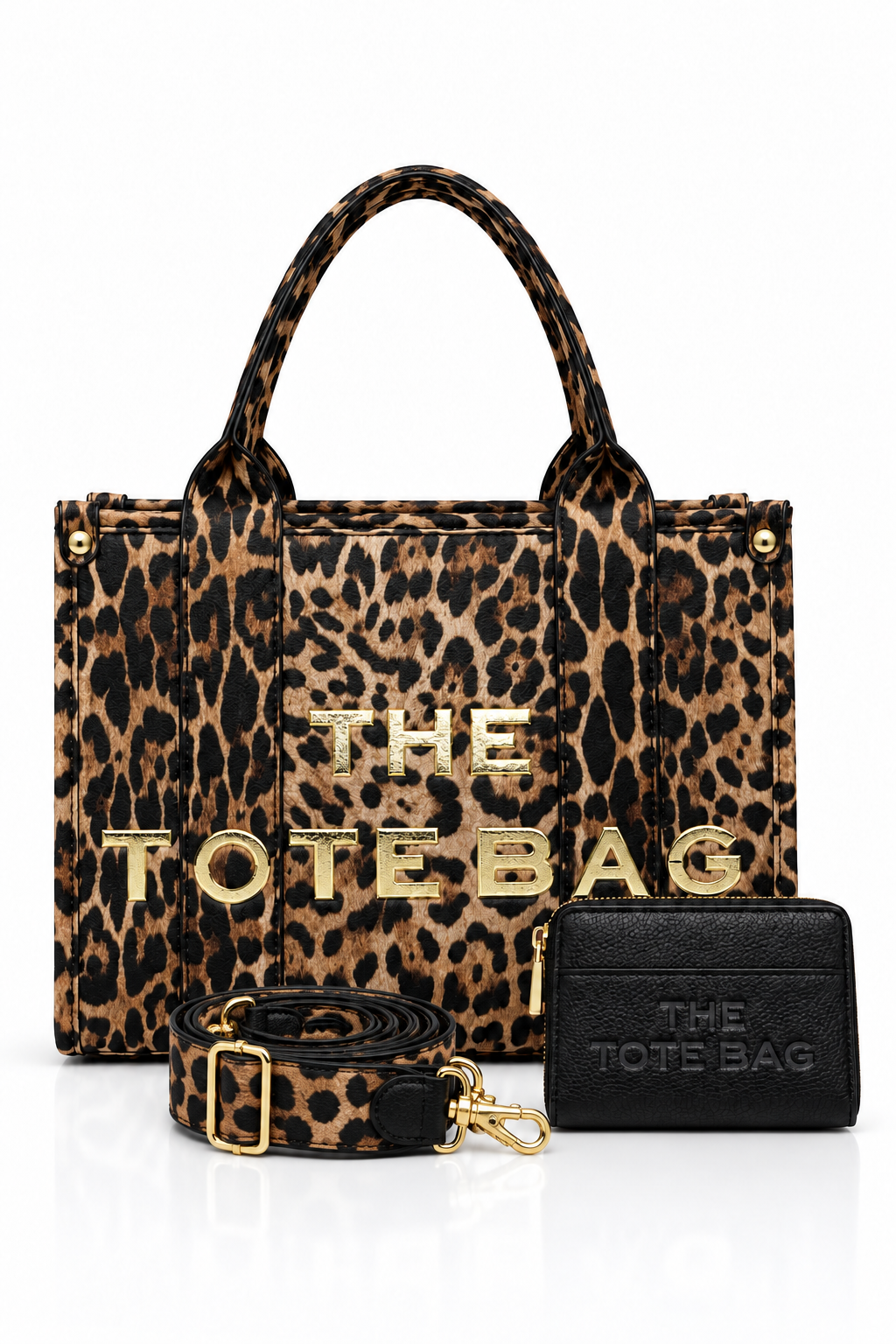 Leopard print tote bag bundle featuring a matching adjustable shoulder strap with gold-tone hardware and a black mini purse with embossed “THE TOTE BAG” branding.