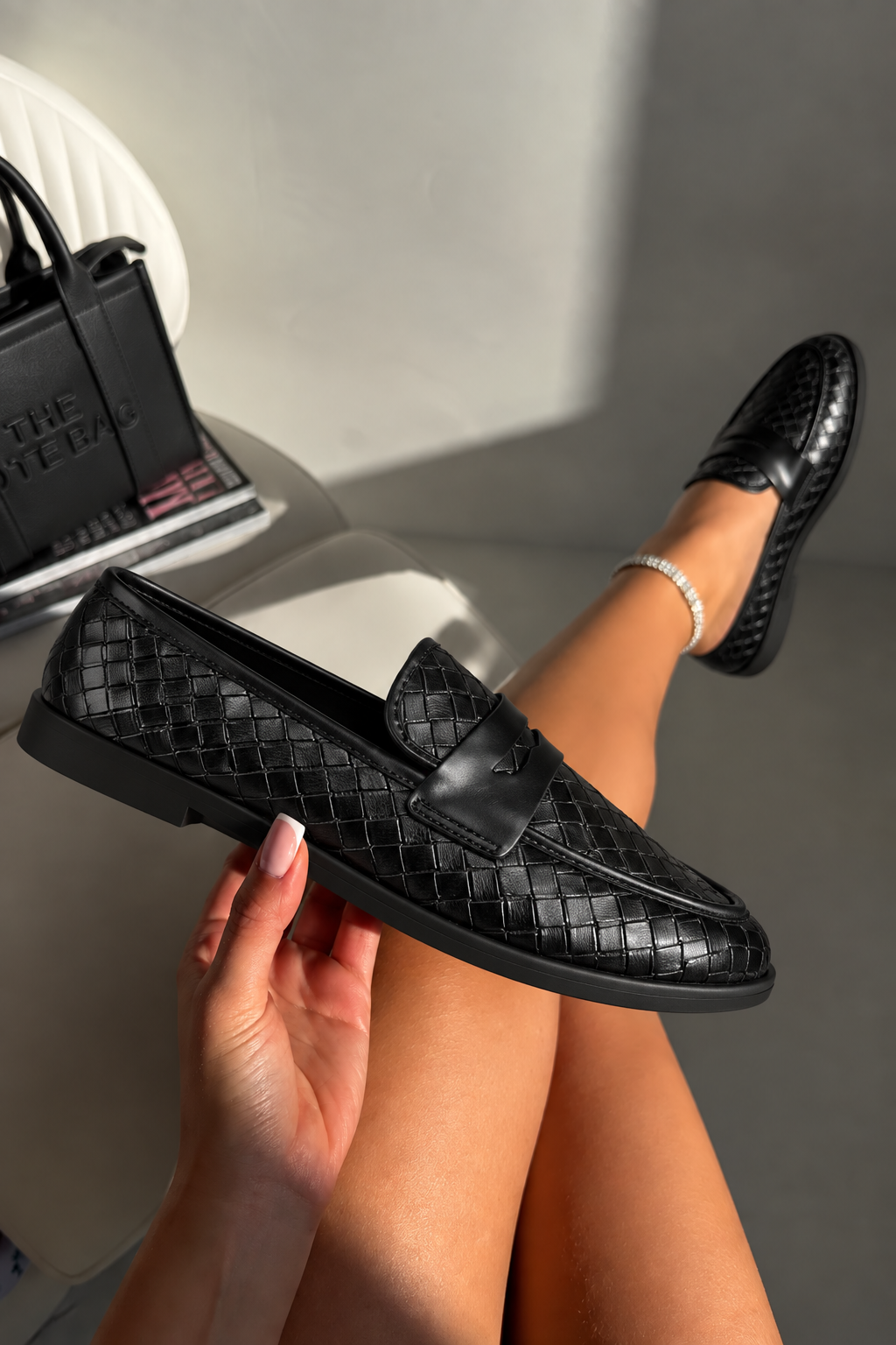 Marlow Luxe Woven Leather Look Flat Loafers Black