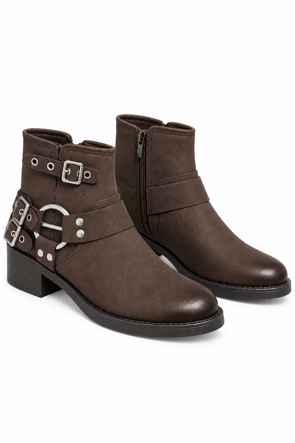 Ryder Luxe Harness Buckle Biker Low Heel Zip Up Faux Leather Ankle Boots Brown