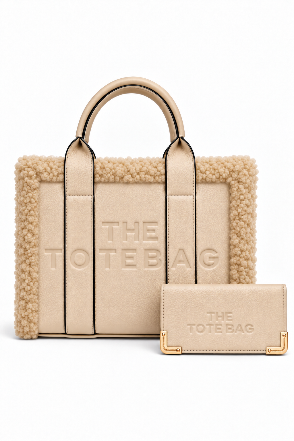 Nude Tote bag featuring a plush cream bouclé trim, structured silhouette, long top handles with black edging, and raised tonal lettering on the front. nude Tote purse pictured in front.