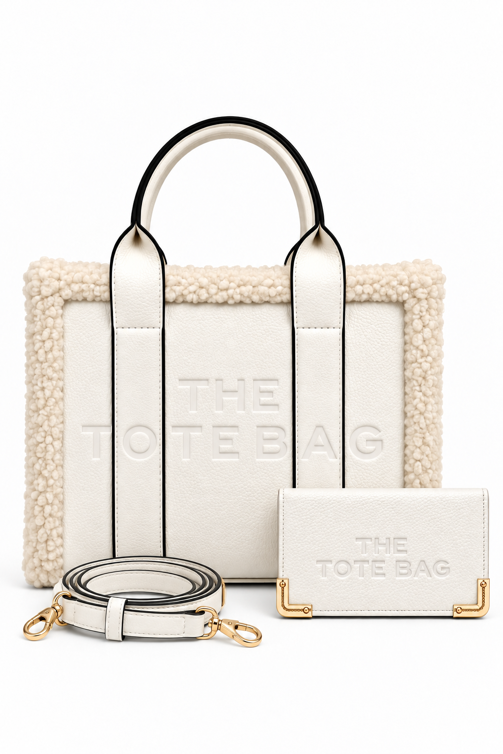 White Winter Crush Medium Sherpa Handbag & Classic Tote Purse Bundle