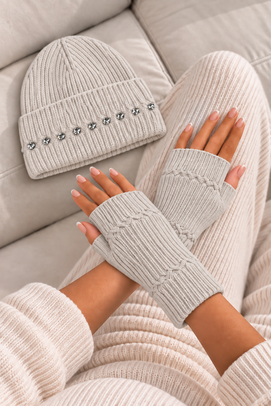 Marnie Wool Blend Sparkly Beanie & Gloves Set Nude