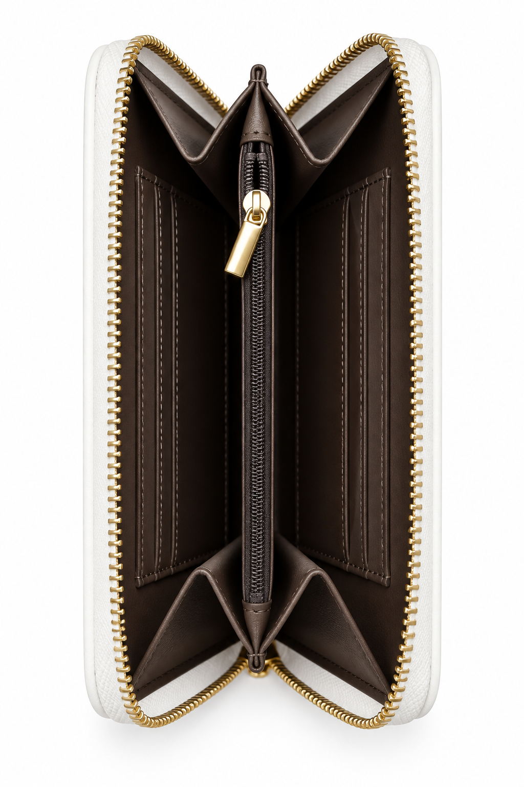 Side view of white zip-around purse featuring gold tone zipper teeth, a matching gold zip pull and brown accordion- style interior with multiple compartments.