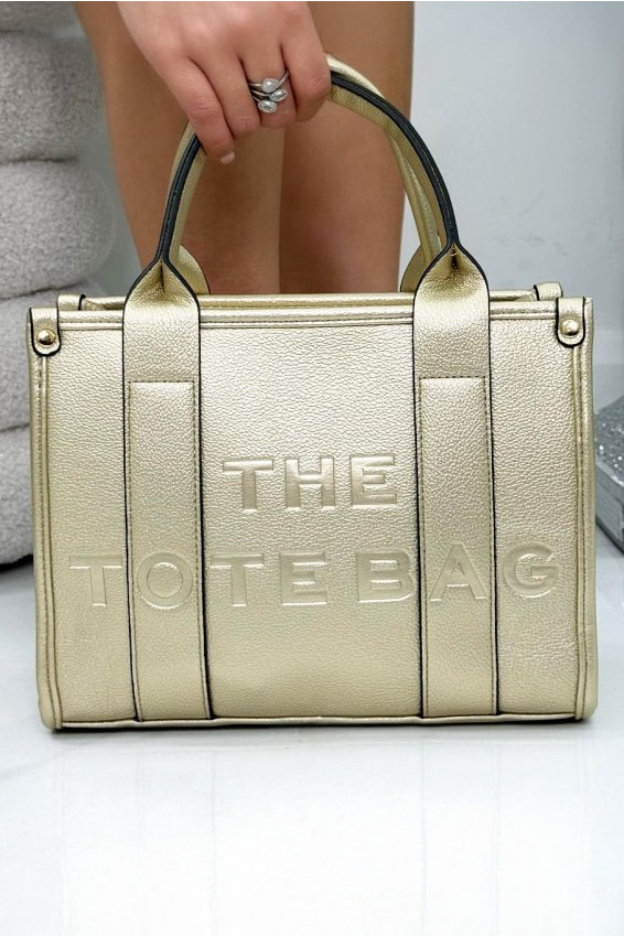 Faux Leather Medium Tote Bag Metallic Gold finished with dimensions - approx 20cm tall, 27cm wide, 9.5cm deep