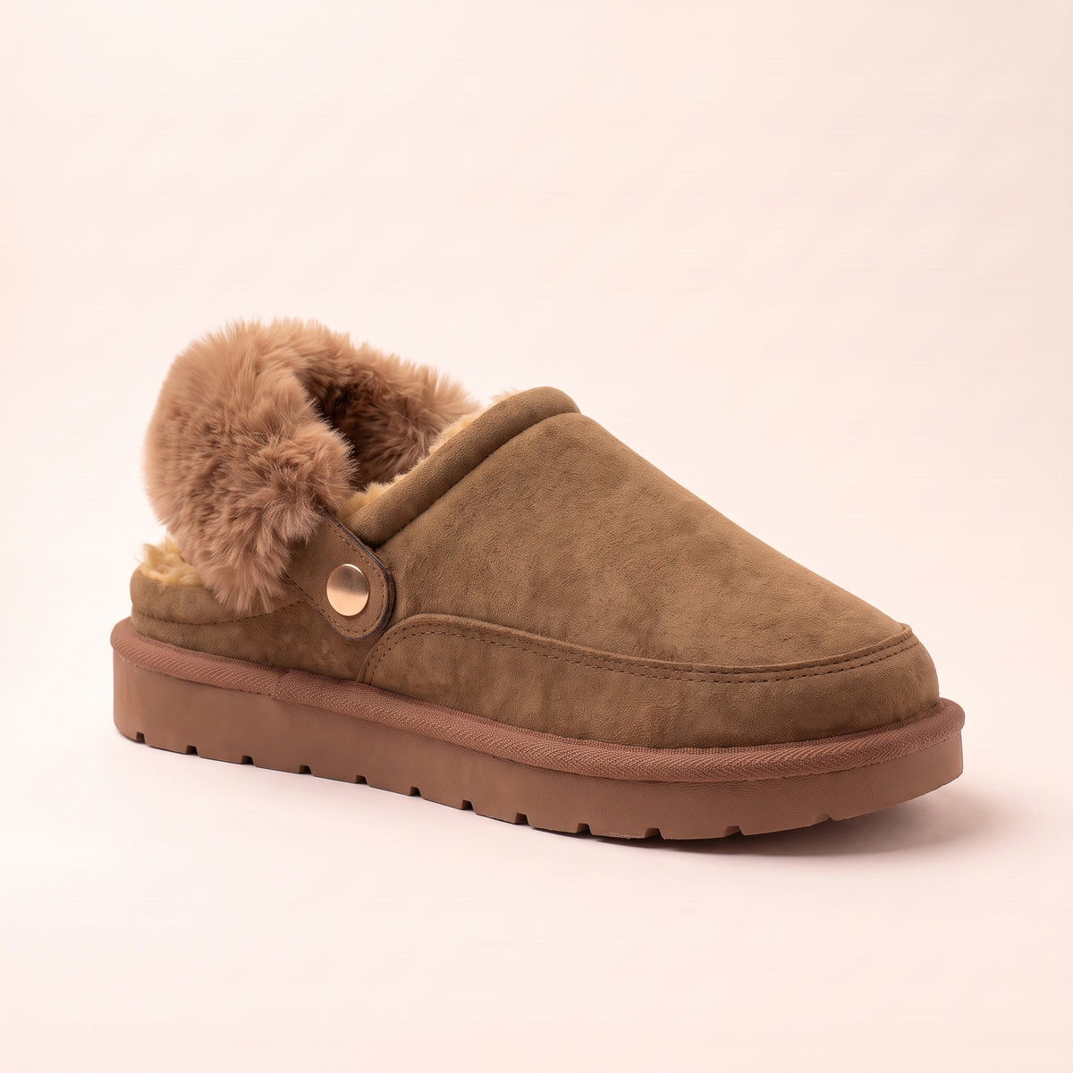 Sasha Faux Suede Fur Lined Mule Slippers Tan