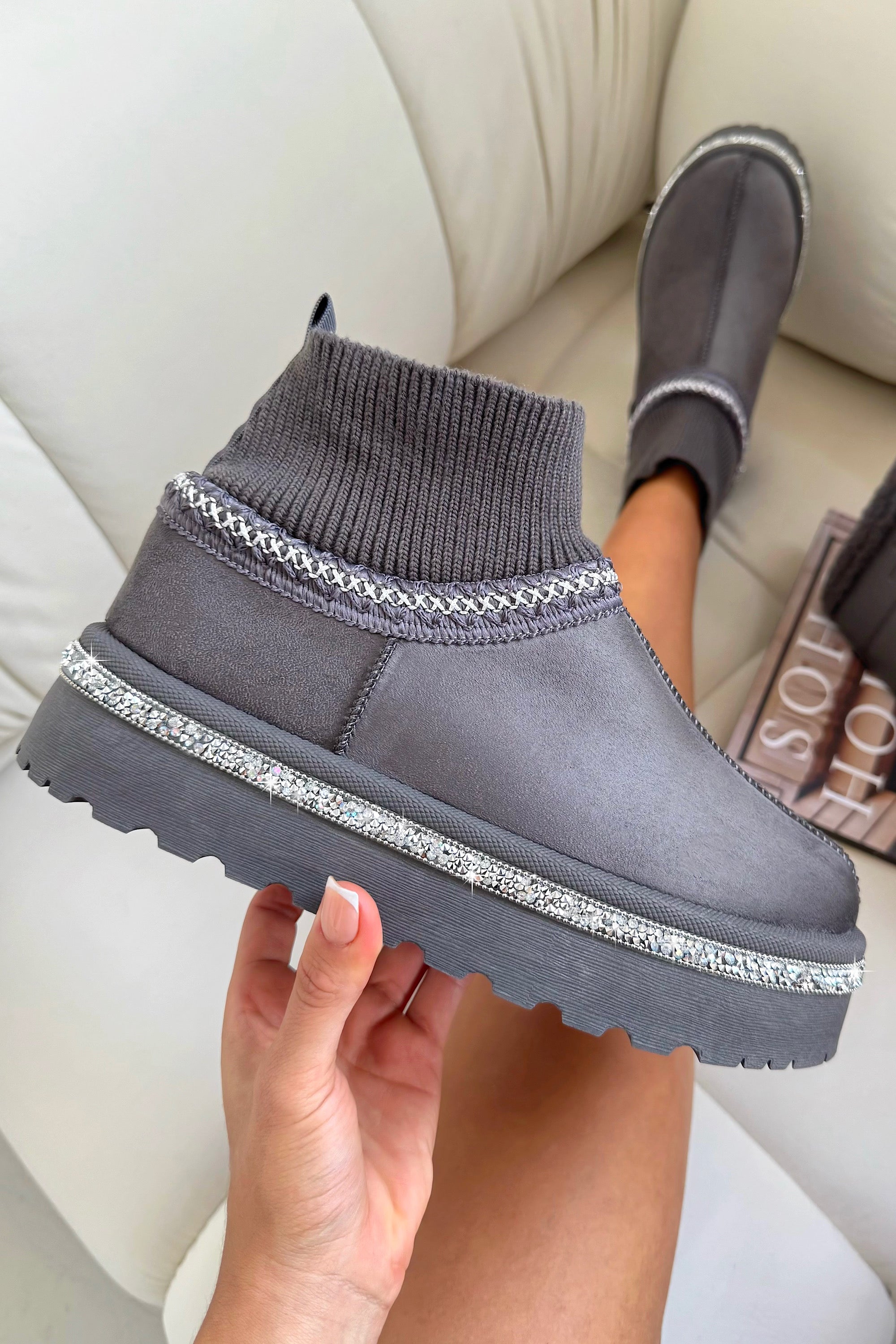 Sparkly Stretch Sock Warmer Mini Snugg Slipper Boots Grey finished with giftable, trendy finish
