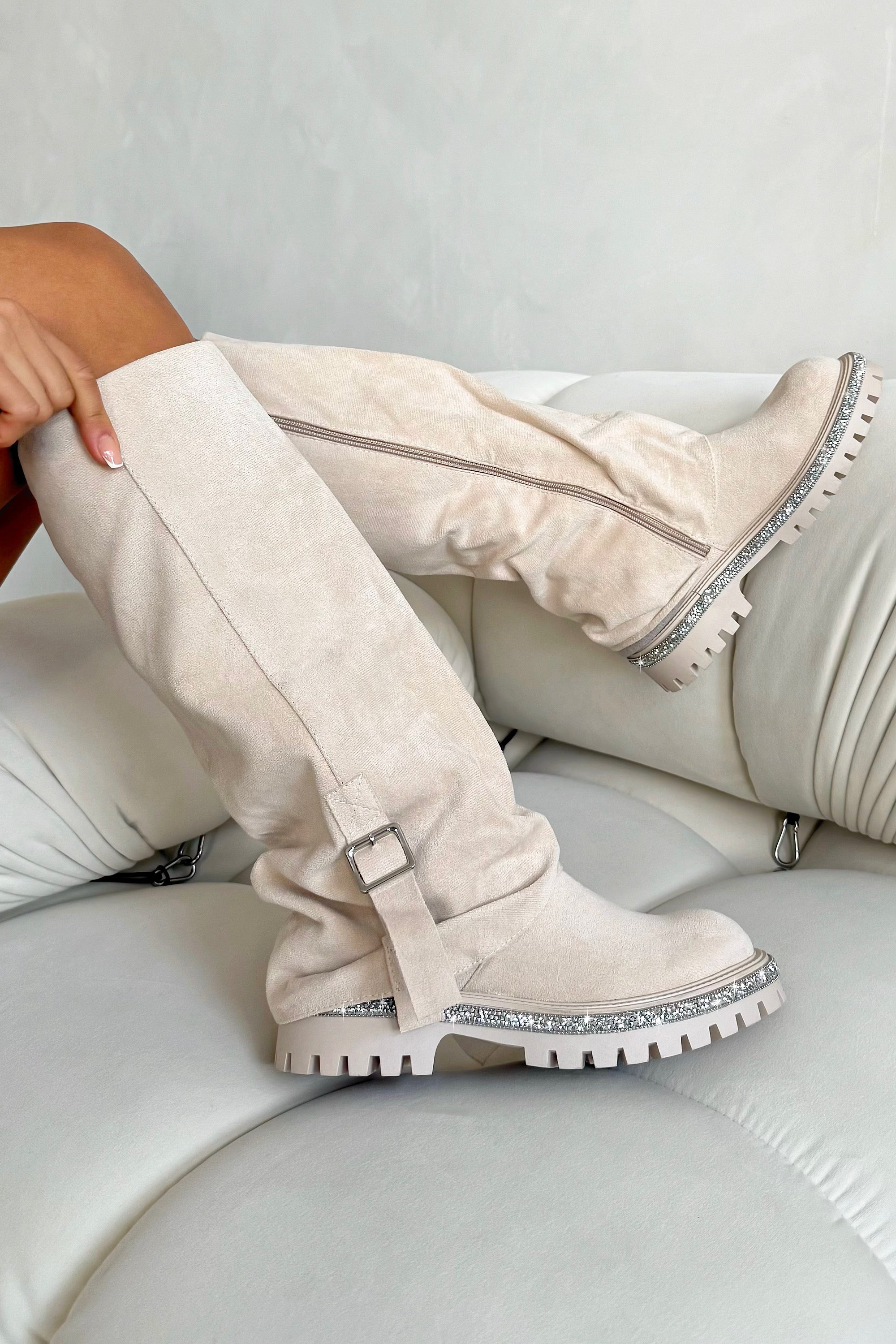 Crystal Trim Wild Obsession Knee High Boots Nude with soft faux suede