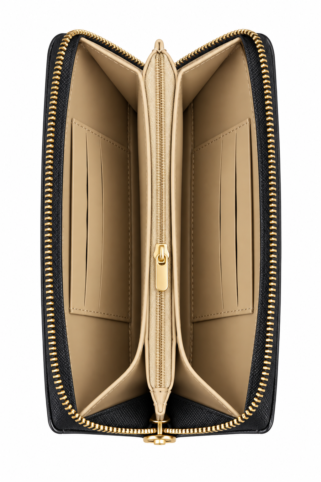 Side view of black zip-around purse featuring gold tone zipper teeth, a matching gold zip pull and beige accordion- style interior with multiple compartments.