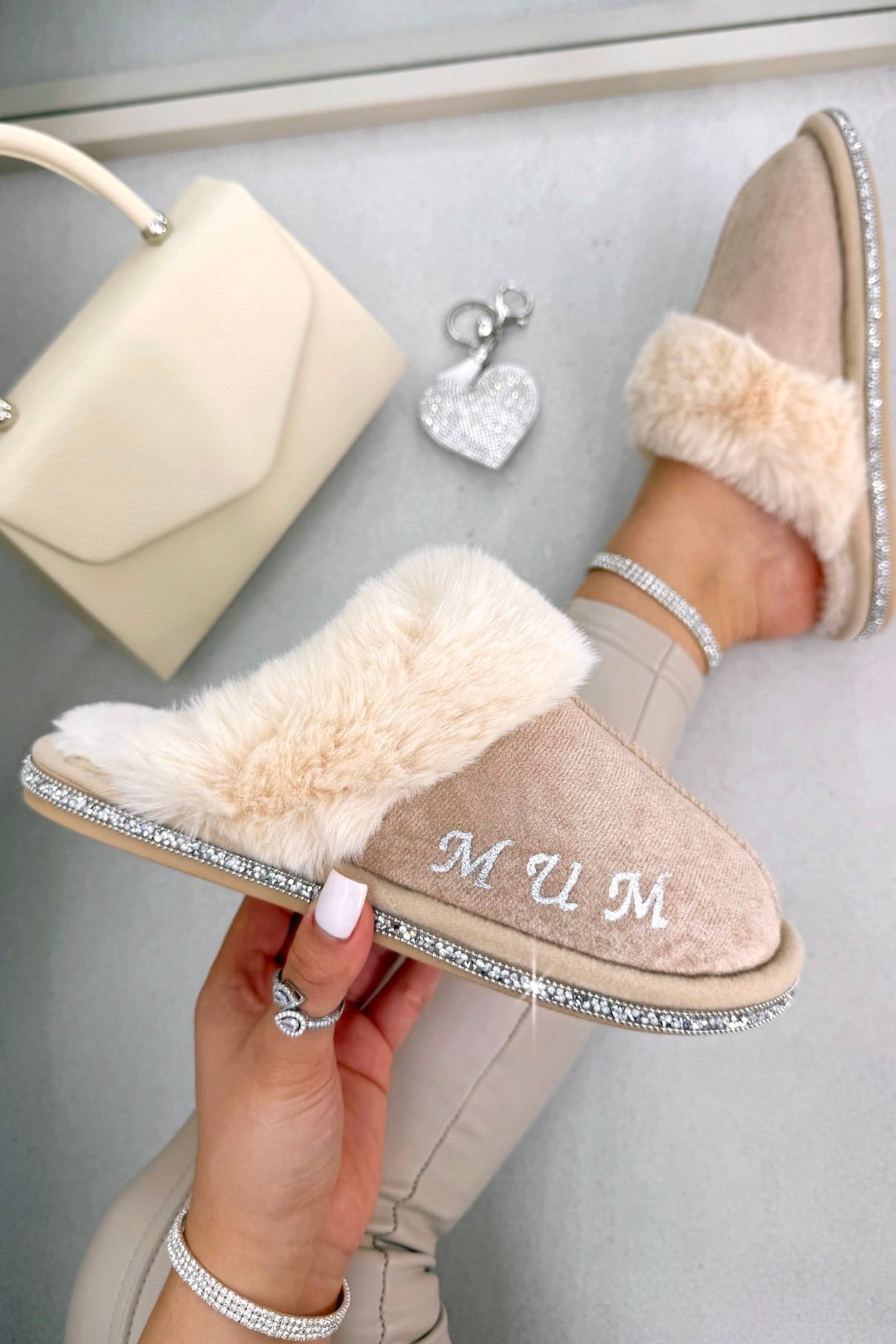 Personalised Crystal Trim Faux Fur Cosy Nude Slippers - Mum