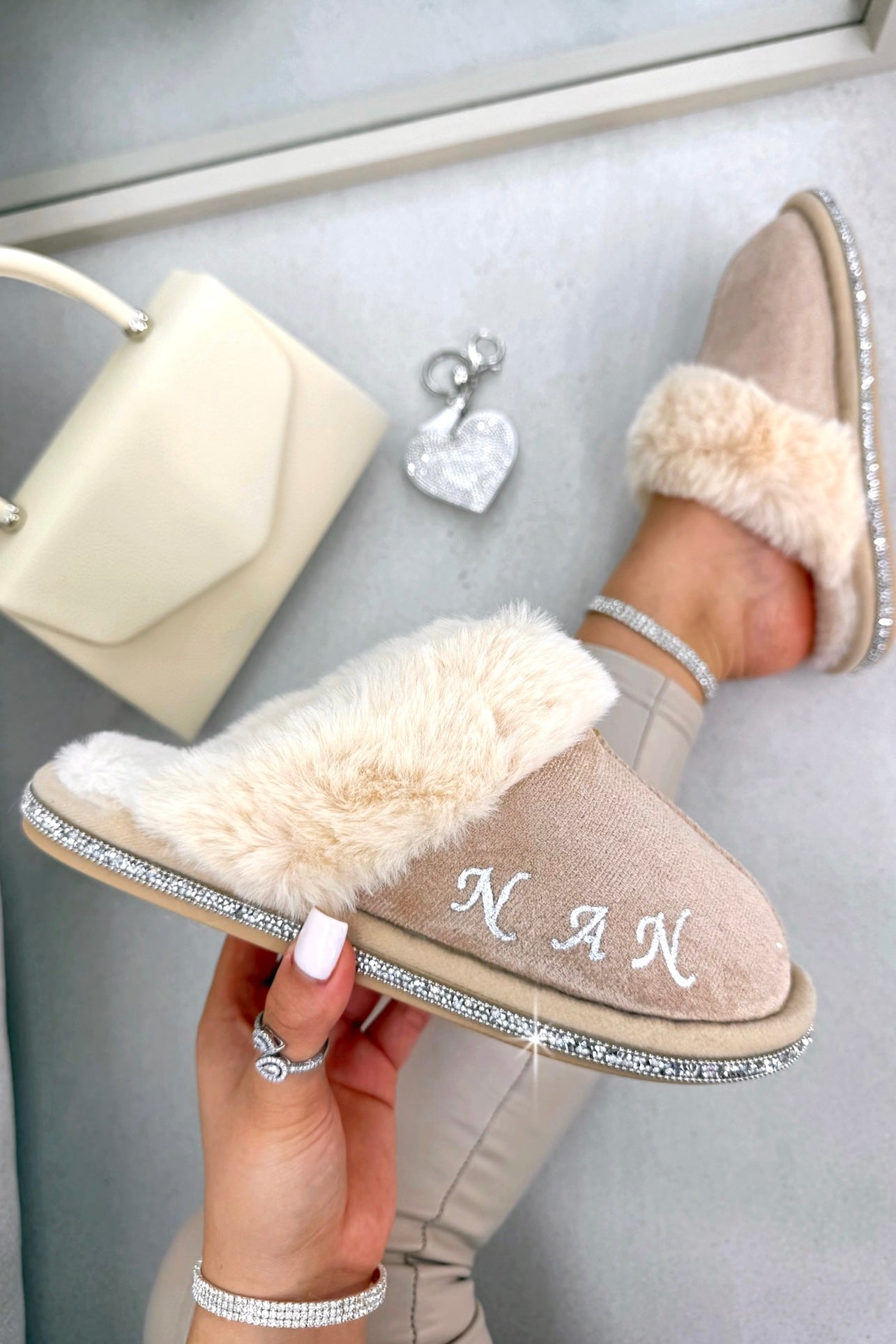 Personalised Crystal Trim Faux Fur Cosy Nude Slippers - Nan