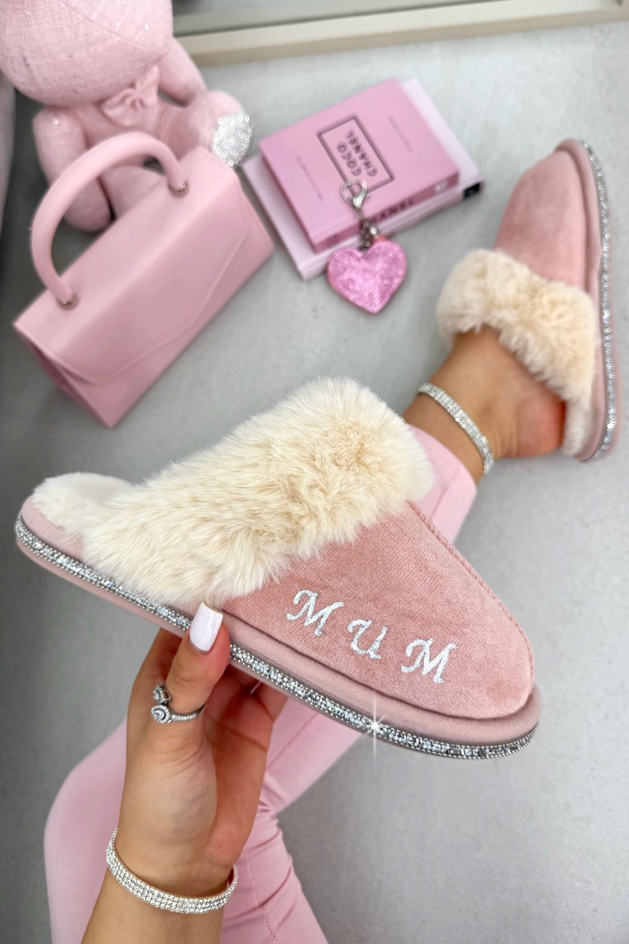 Personalised Crystal Trim Faux Fur Cosy Pink Slippers - Mum