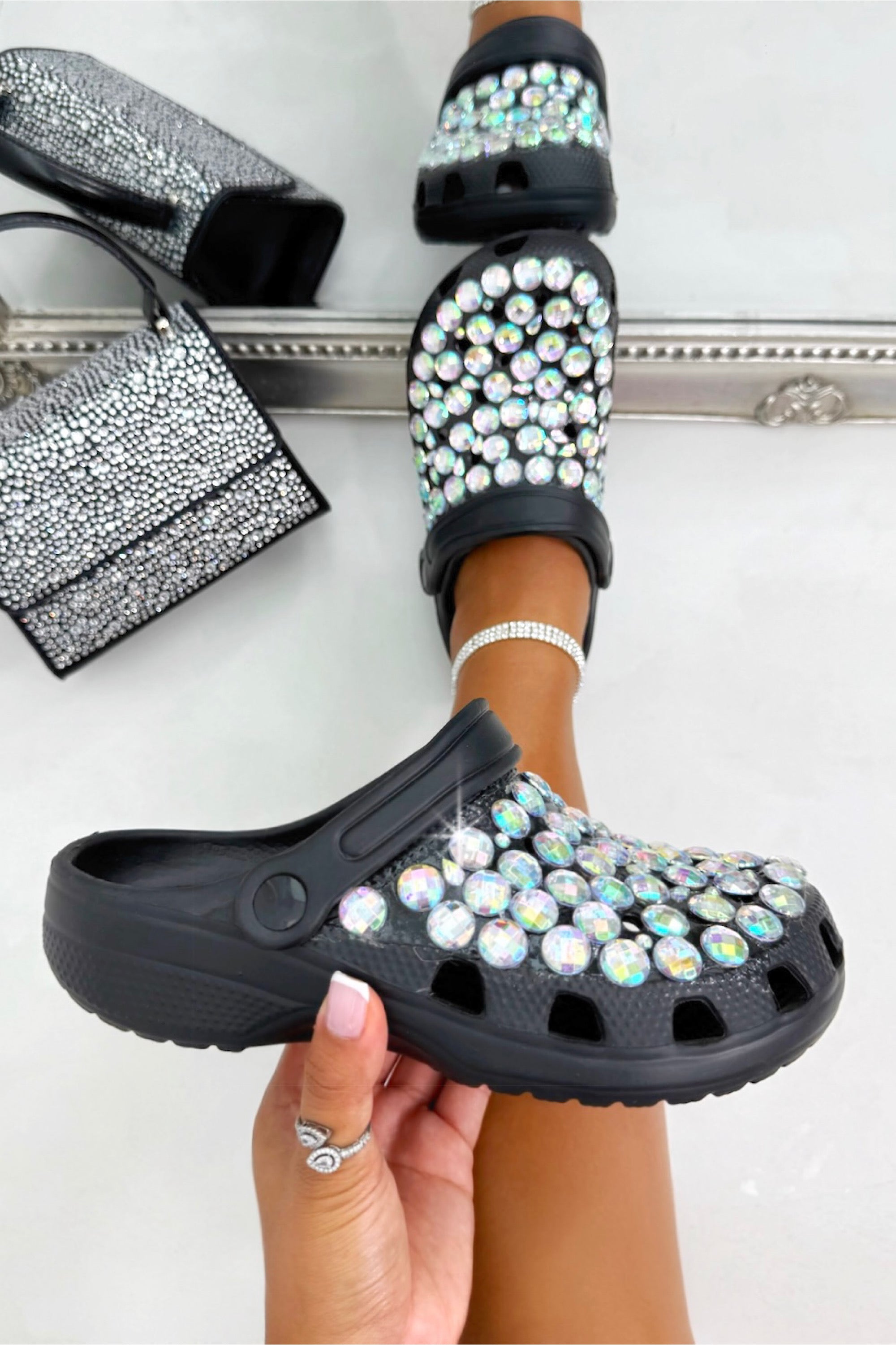 Crystal Galaxy Rhinestone Crox Clogs Black