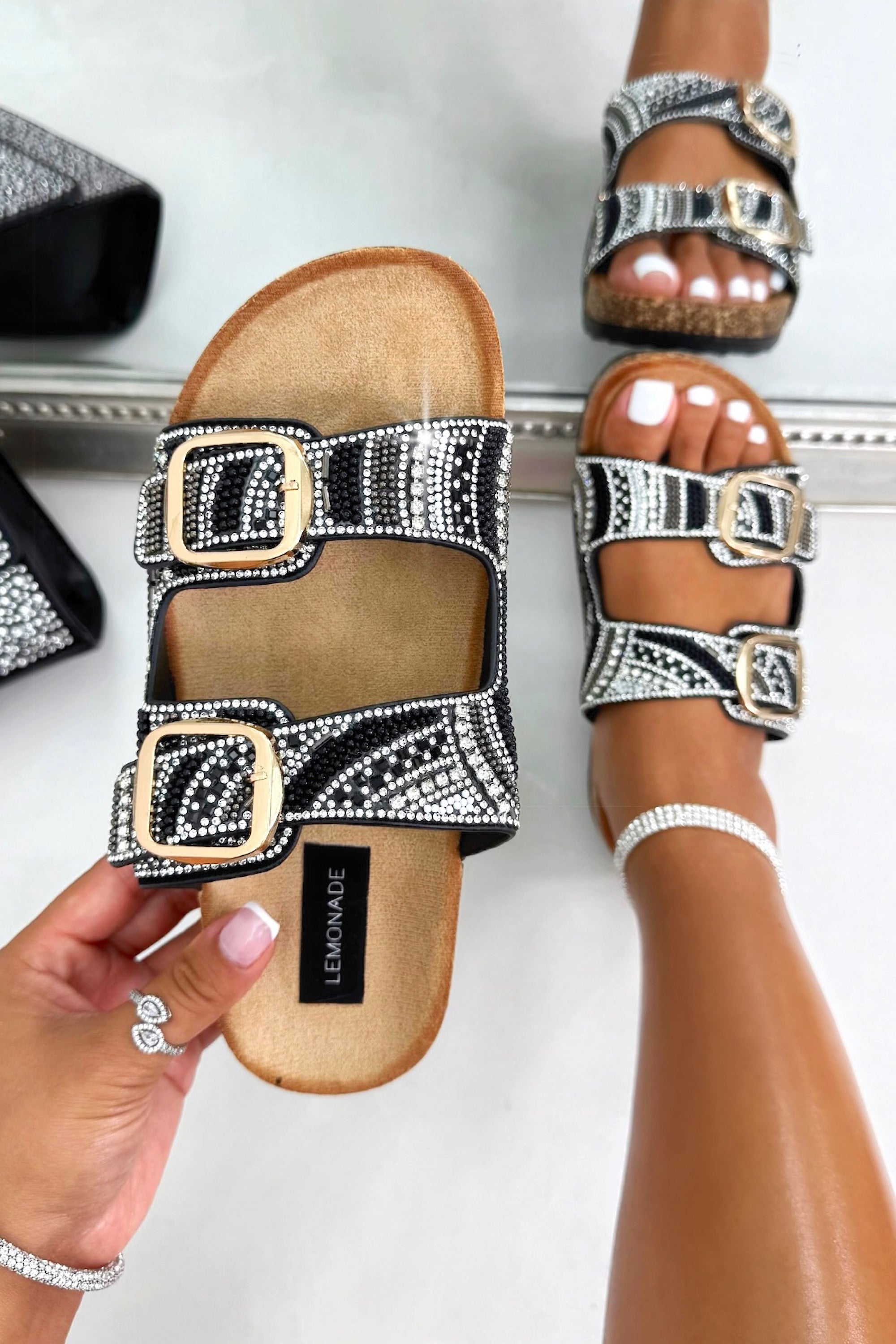 Sparkly Seaside Luxe Double Buckle Sliders Black
