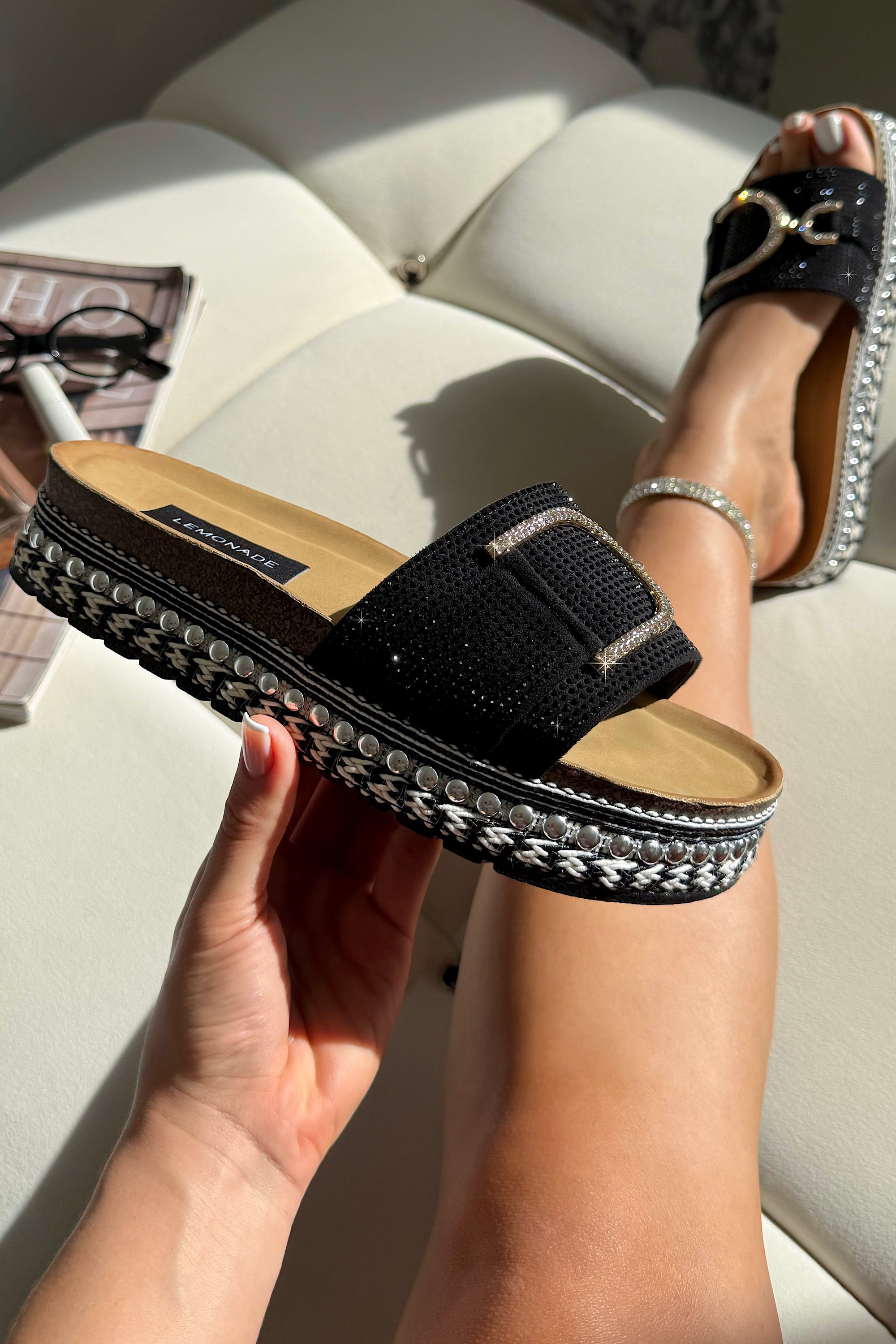Crystal Edge Woven Platform Sliders Black finished with strap with crystal embellishment for an elevated finish