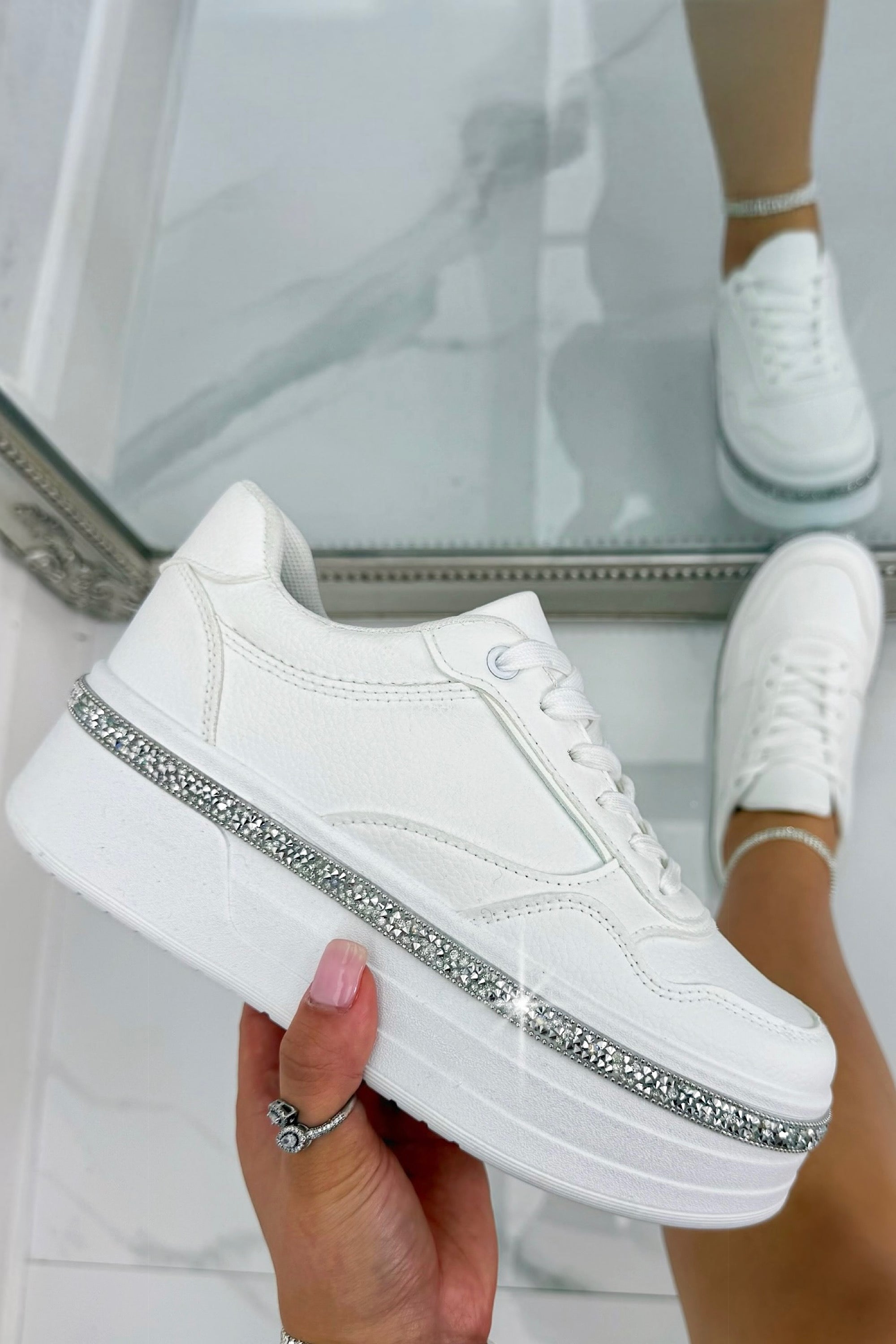 Crystal Diamante Trim Platform Trainers White