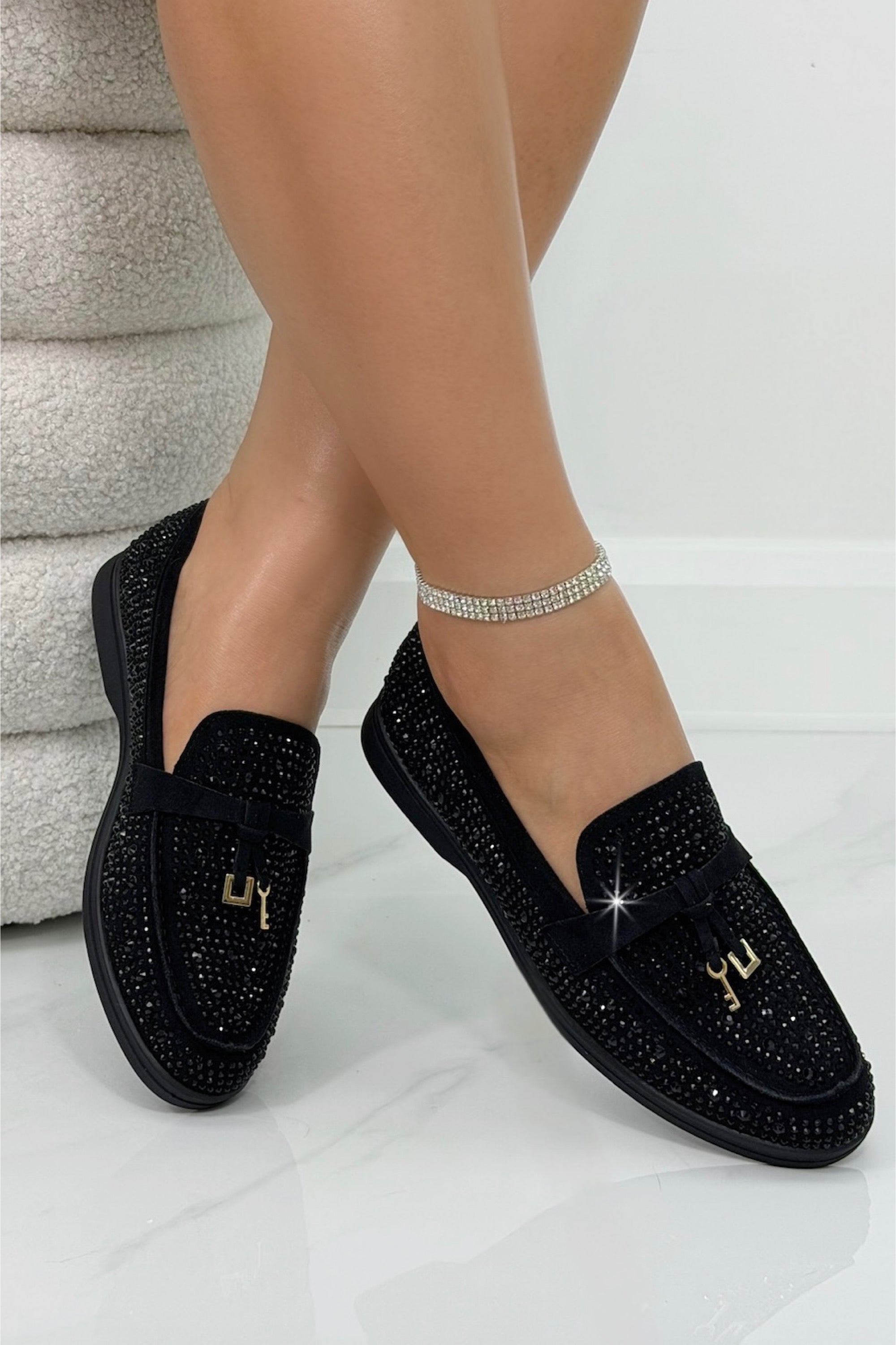 Crystal Luna Slip-On Flat Loafers Black