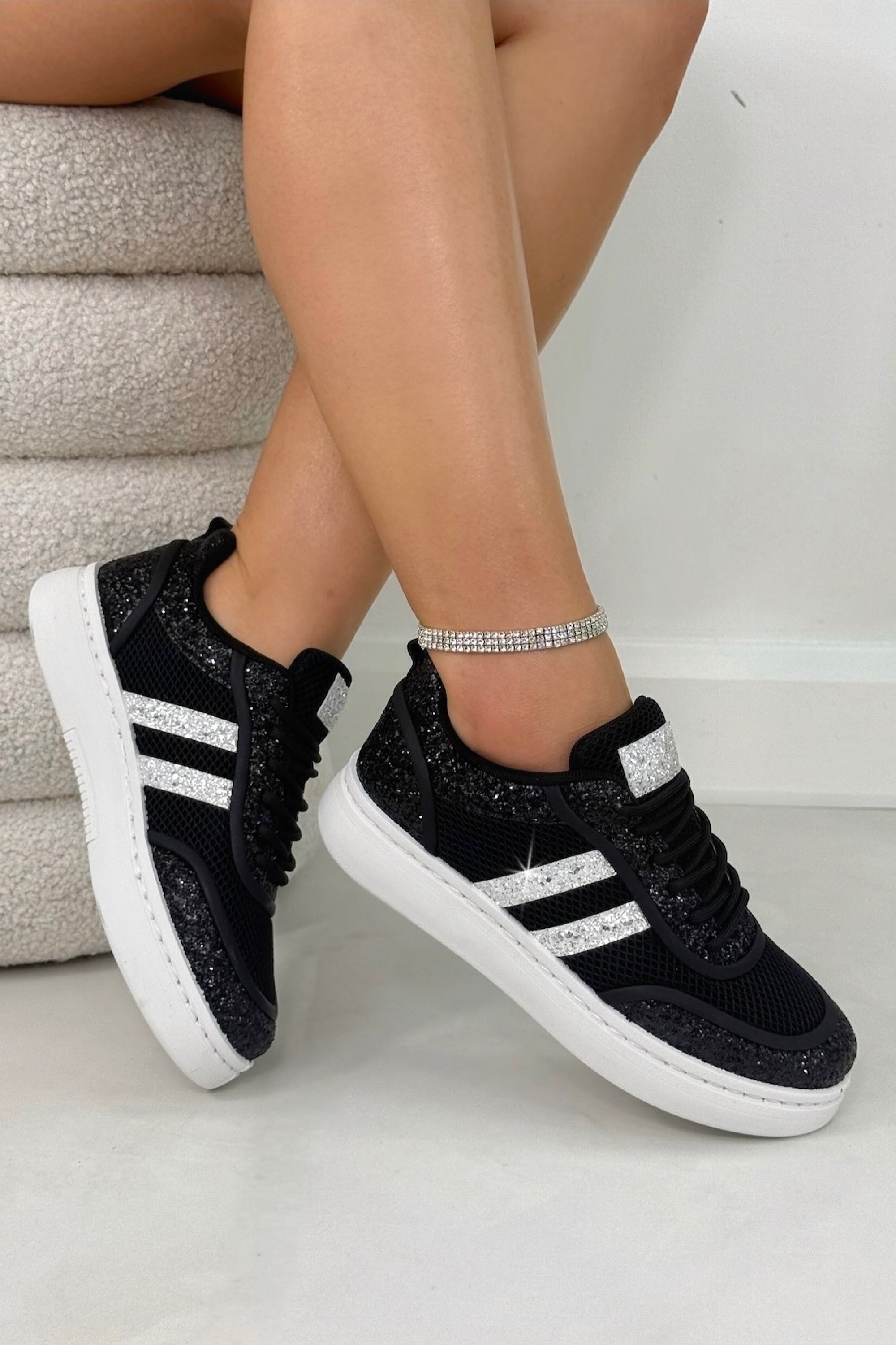 Crystal Nova Sparkle Stripe Lace-Up Trainers Black, capturing crystal embellishment side stripe design