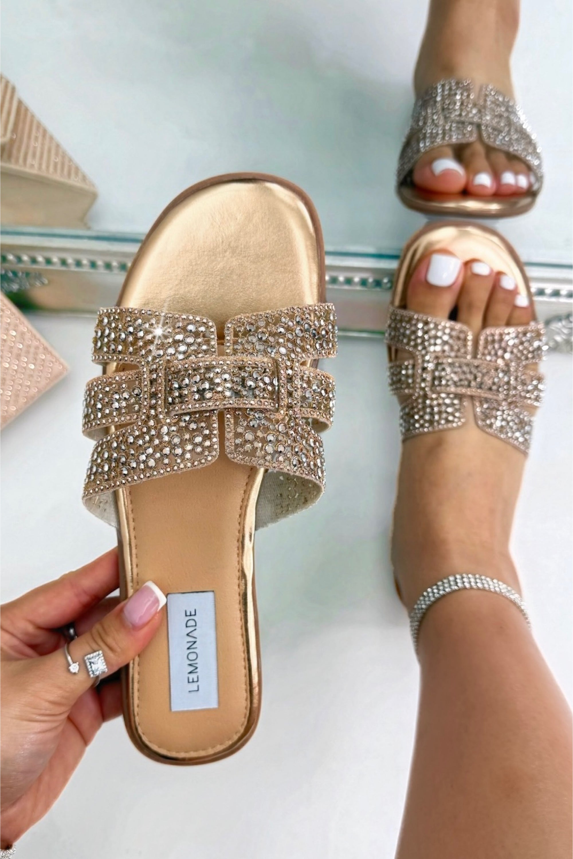 Sparkly Diamond Jelly Sliders Rose Gold, showing slip-on design for easy wear