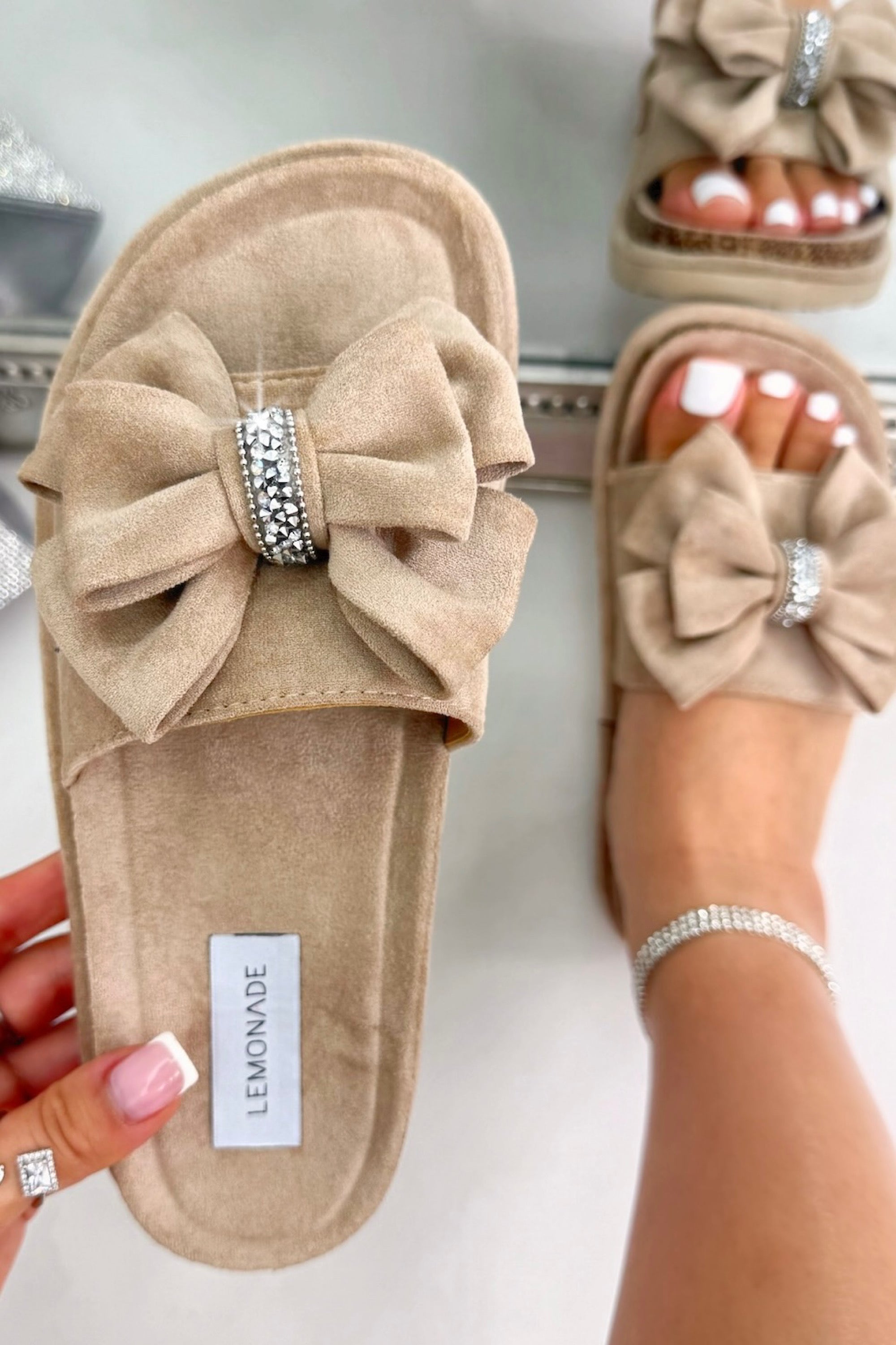Sparkly Velvet Bow Platform Sliders Beige, highlighting oversized bow detail for a feminine statement finish