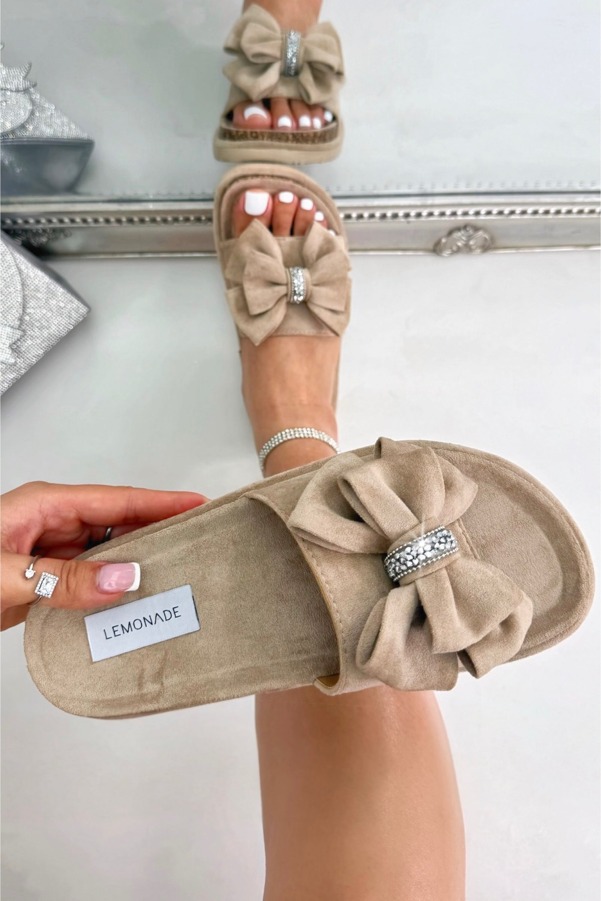 Sparkly Velvet Bow Platform Sliders Beige finished with plush velvet-look upper for a soft, luxe feel