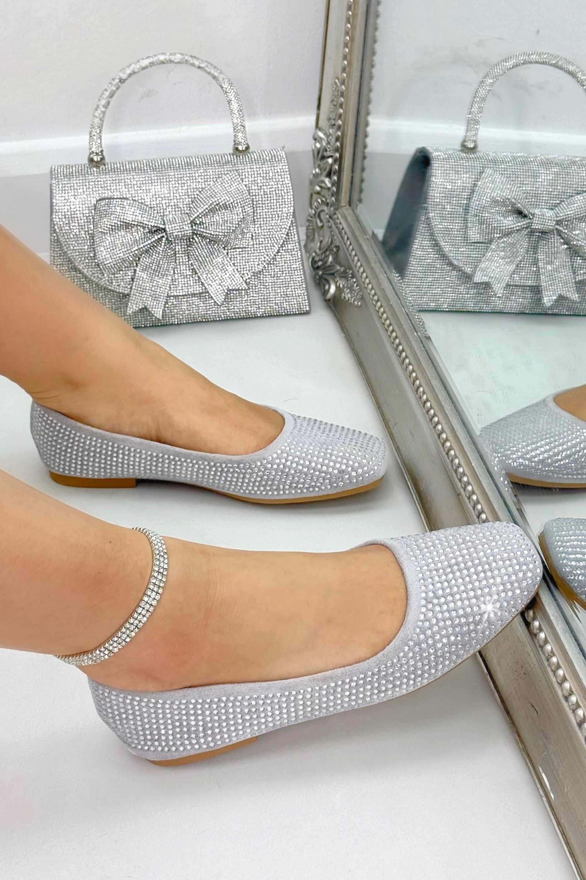 Crystal Embellished Showstopper Ballet Flats Silver with all-over crystal embellished upper for maximum sparkle