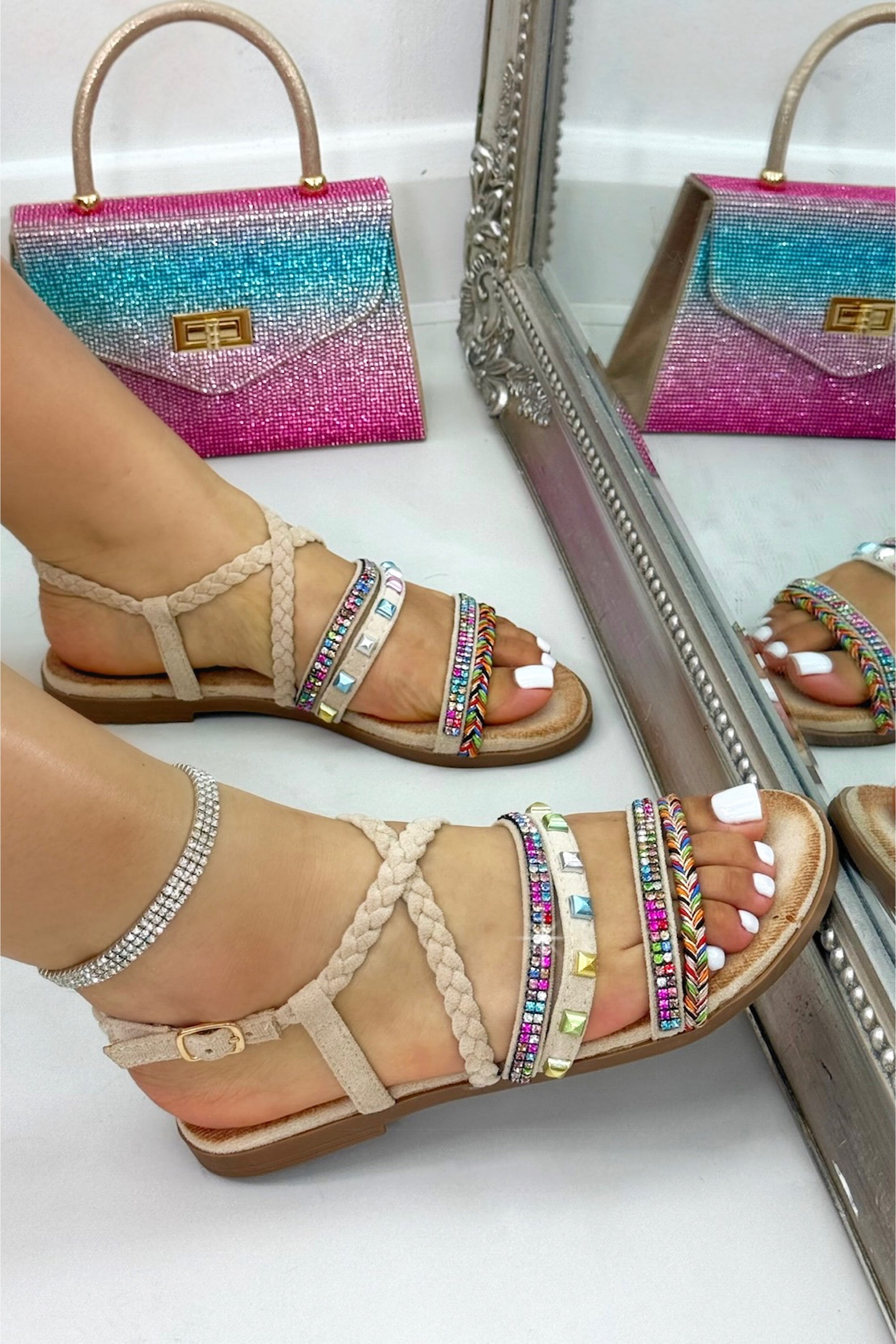 Sparkly Boho Gem Braided Strap Sandals Nude with braided strap detailing for a stylish bohemian look