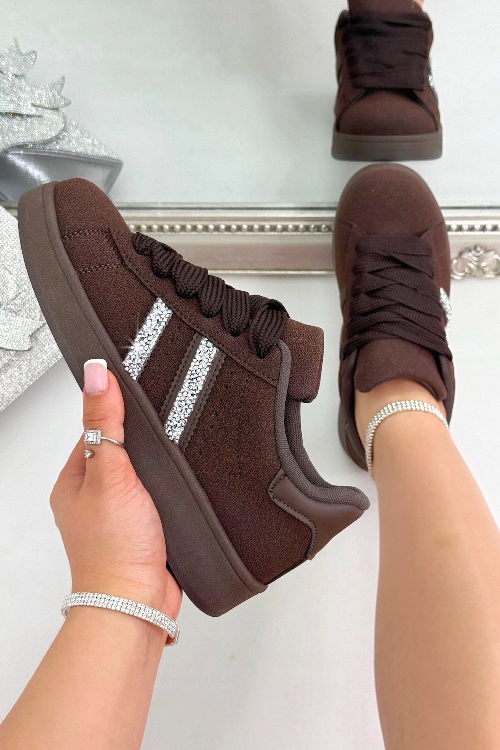 Crystal Stripe Trainers Limited Edition Brown, showcasing chunky laces for a bold, statement look