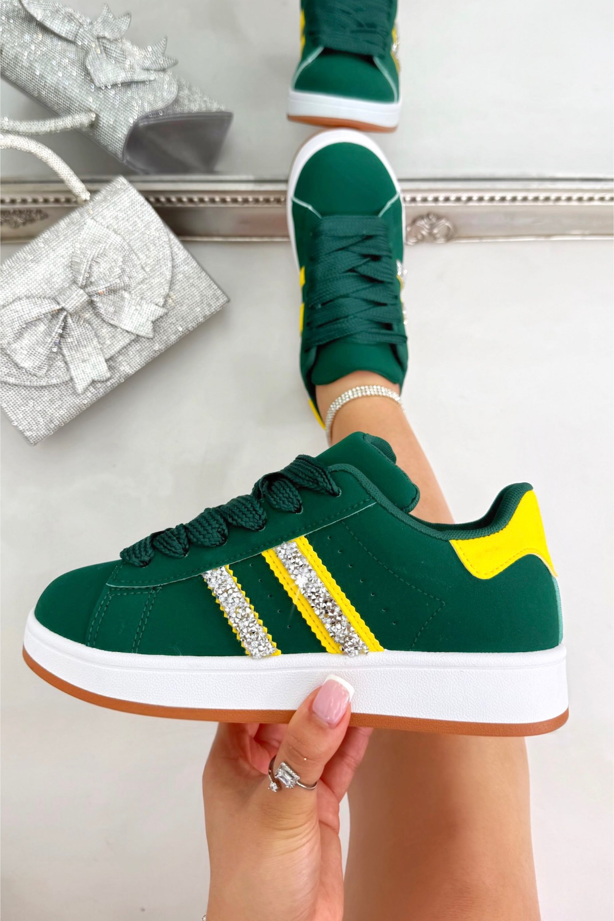Crystal Stripe Trainers Limited Edition Green finished with twin crystal embellished side stripes