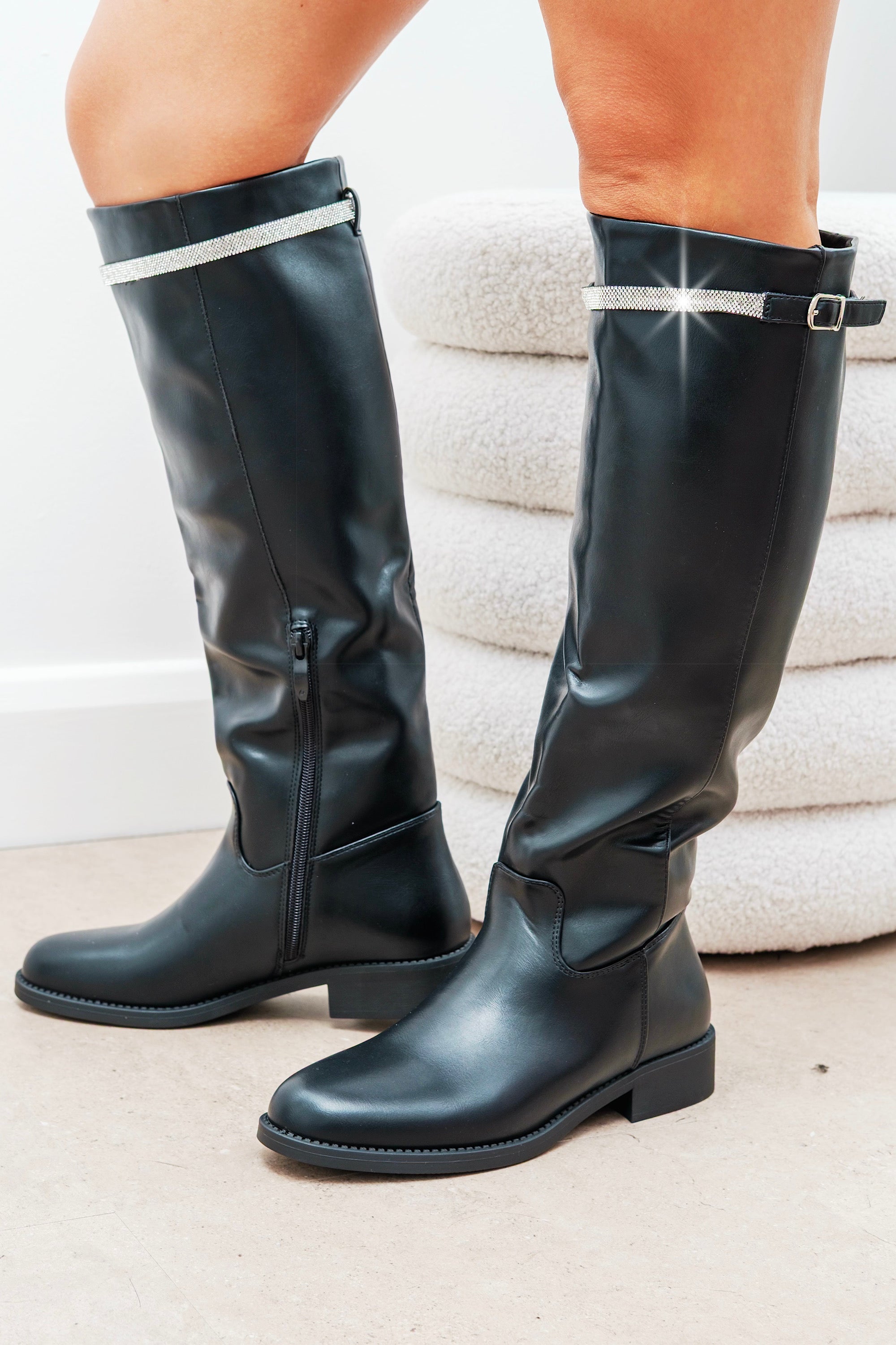 Crystal Reign Rider Calf Boots Black, with emphasis on premium soft faux leather