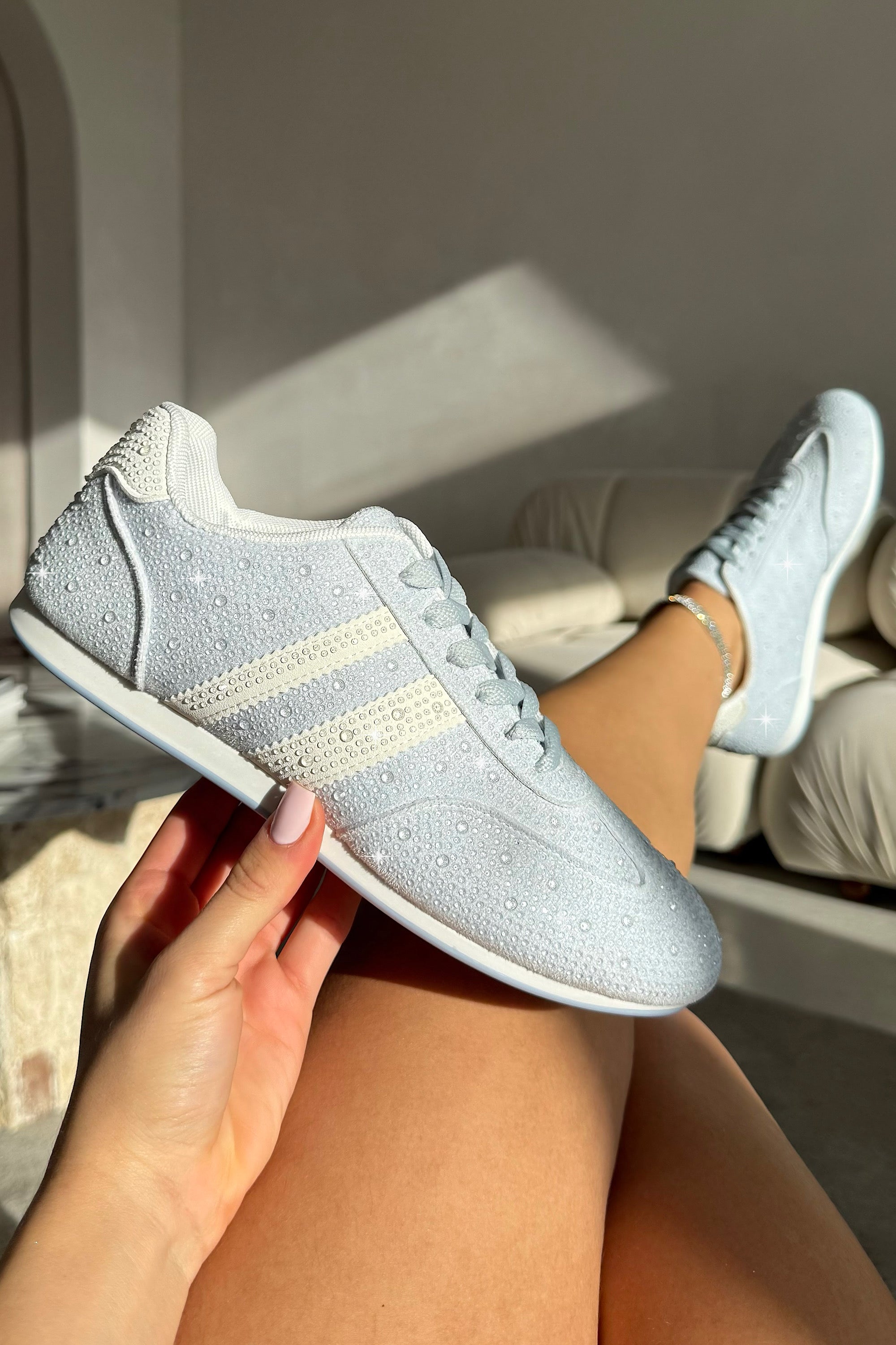 Crystal Dewdrop Lace-Up Trainers Blue finished with classic lace-up fastening