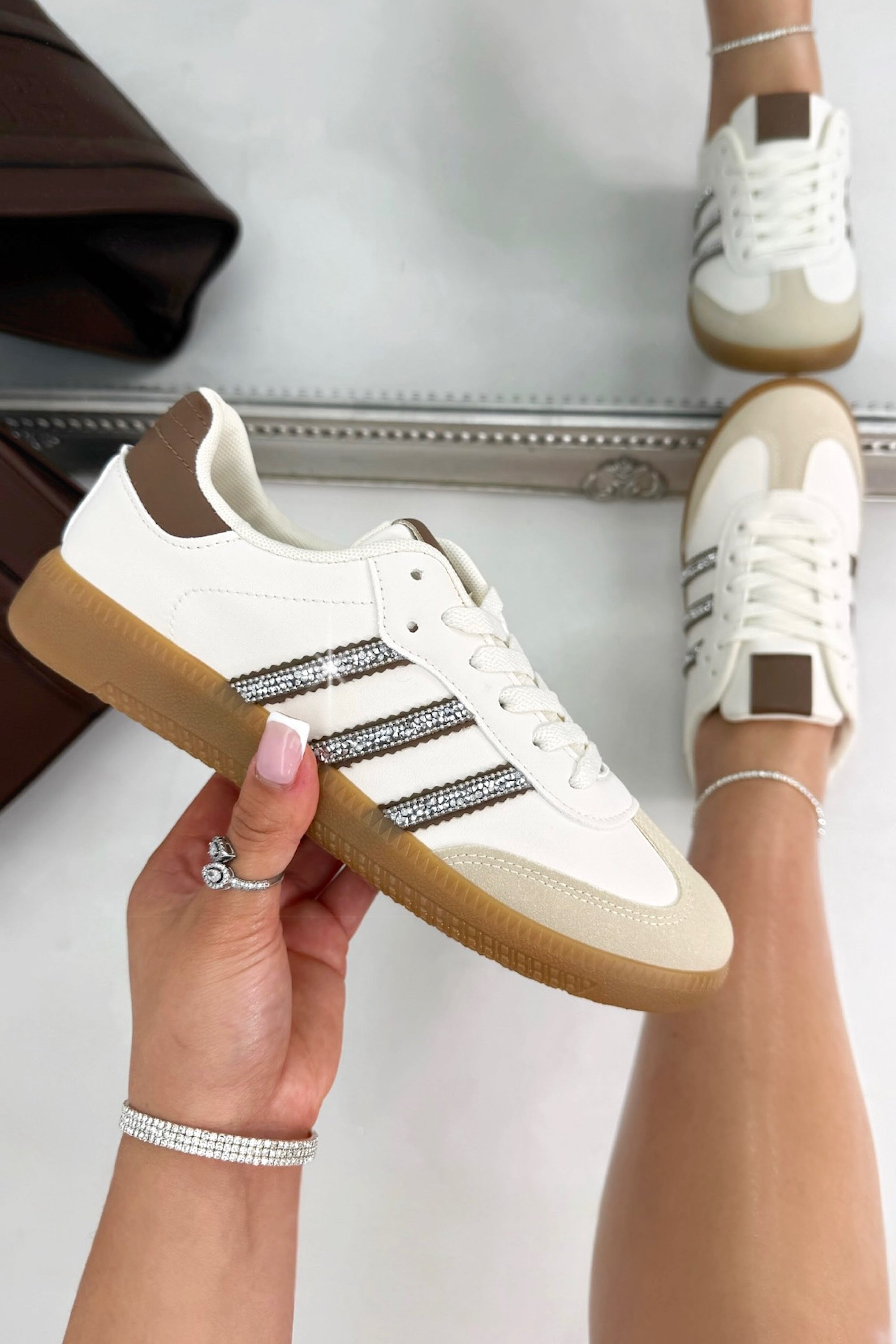Crystal Stripe Simba Trainers Limited Edition Latte Brown, bringing attention to crystal embellished stripe detailing for signature sparkle