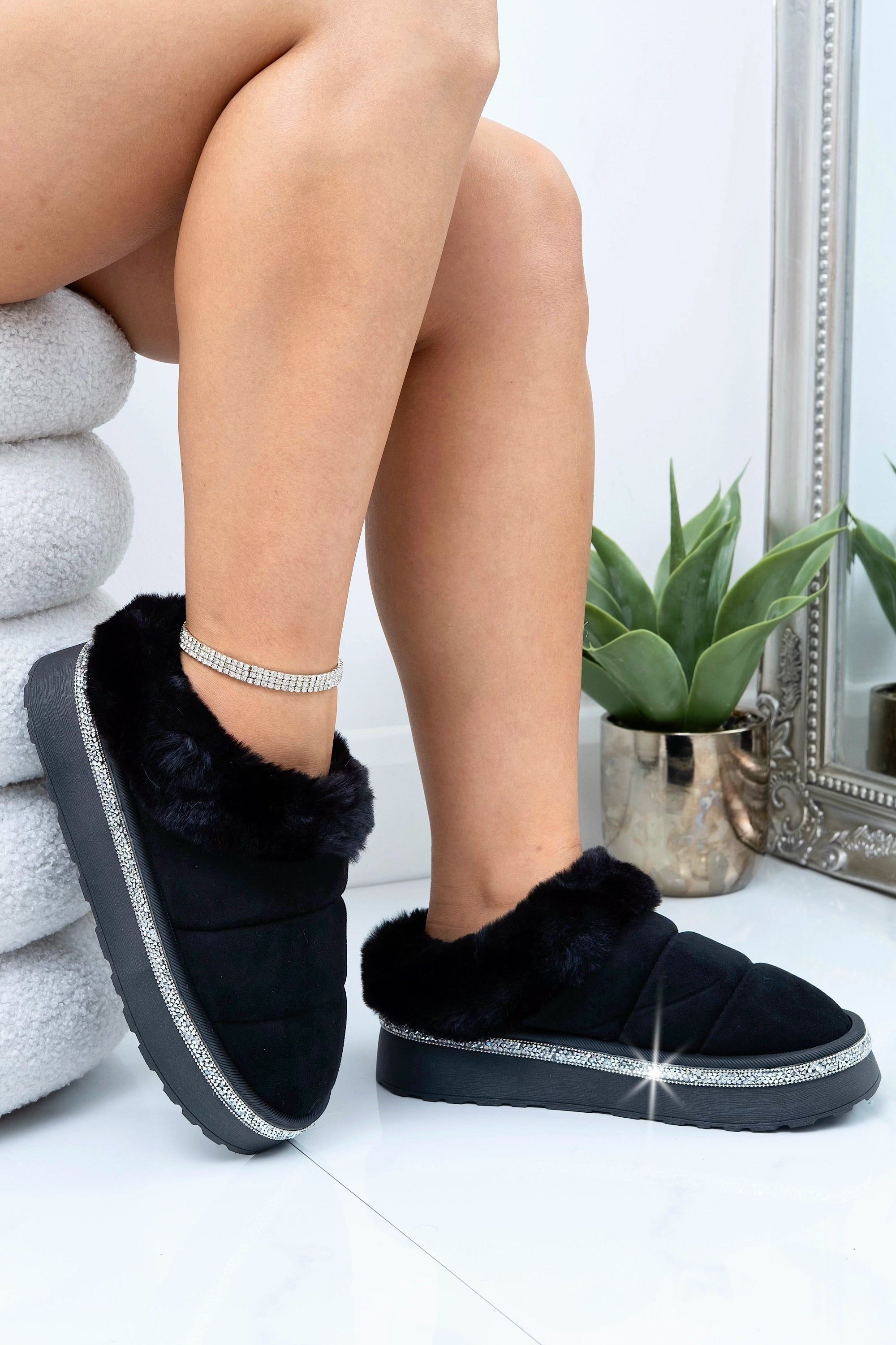 Crystal Trim Soft Touch Slippers Black