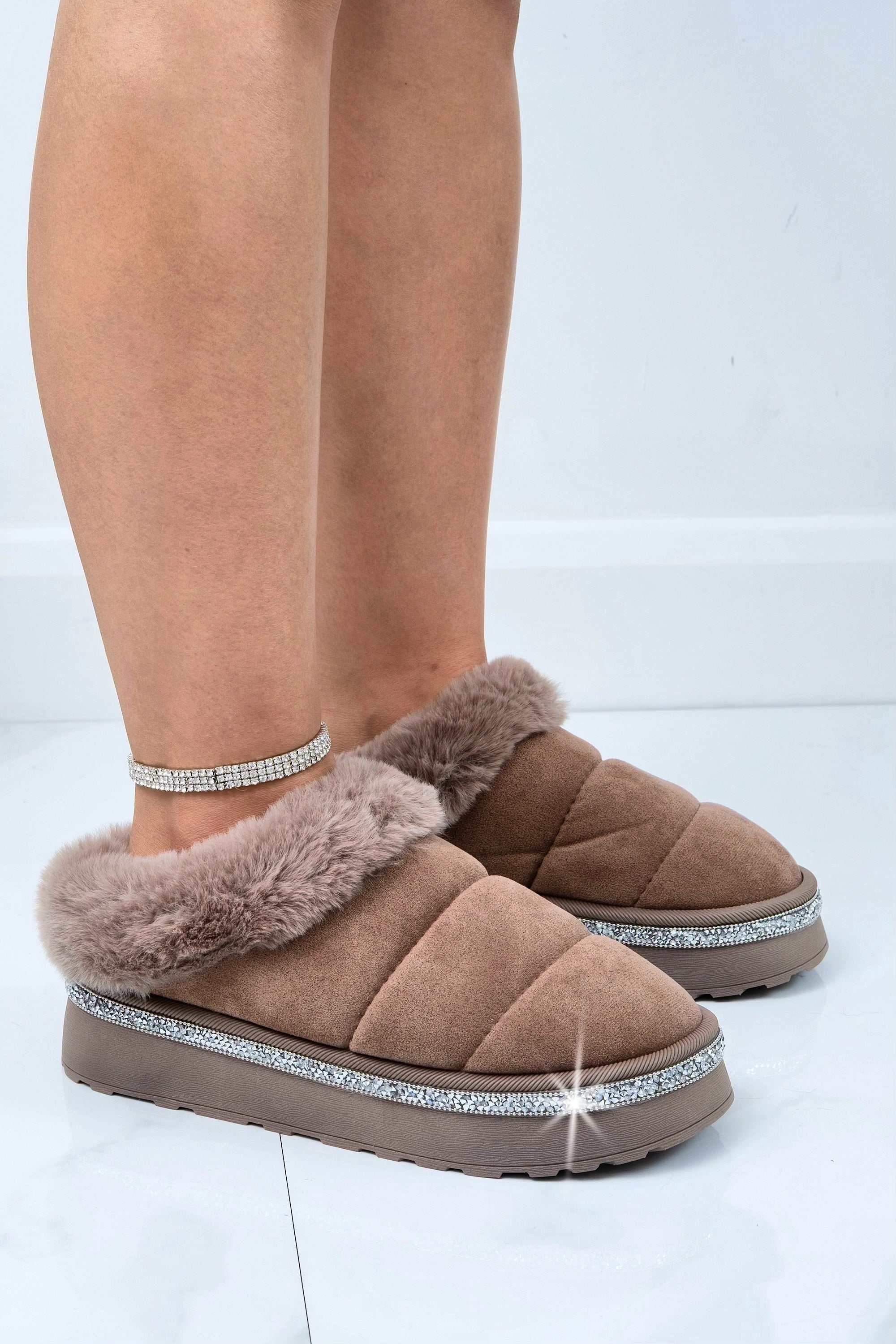 Crystal Trim Soft Touch Slippers Brown