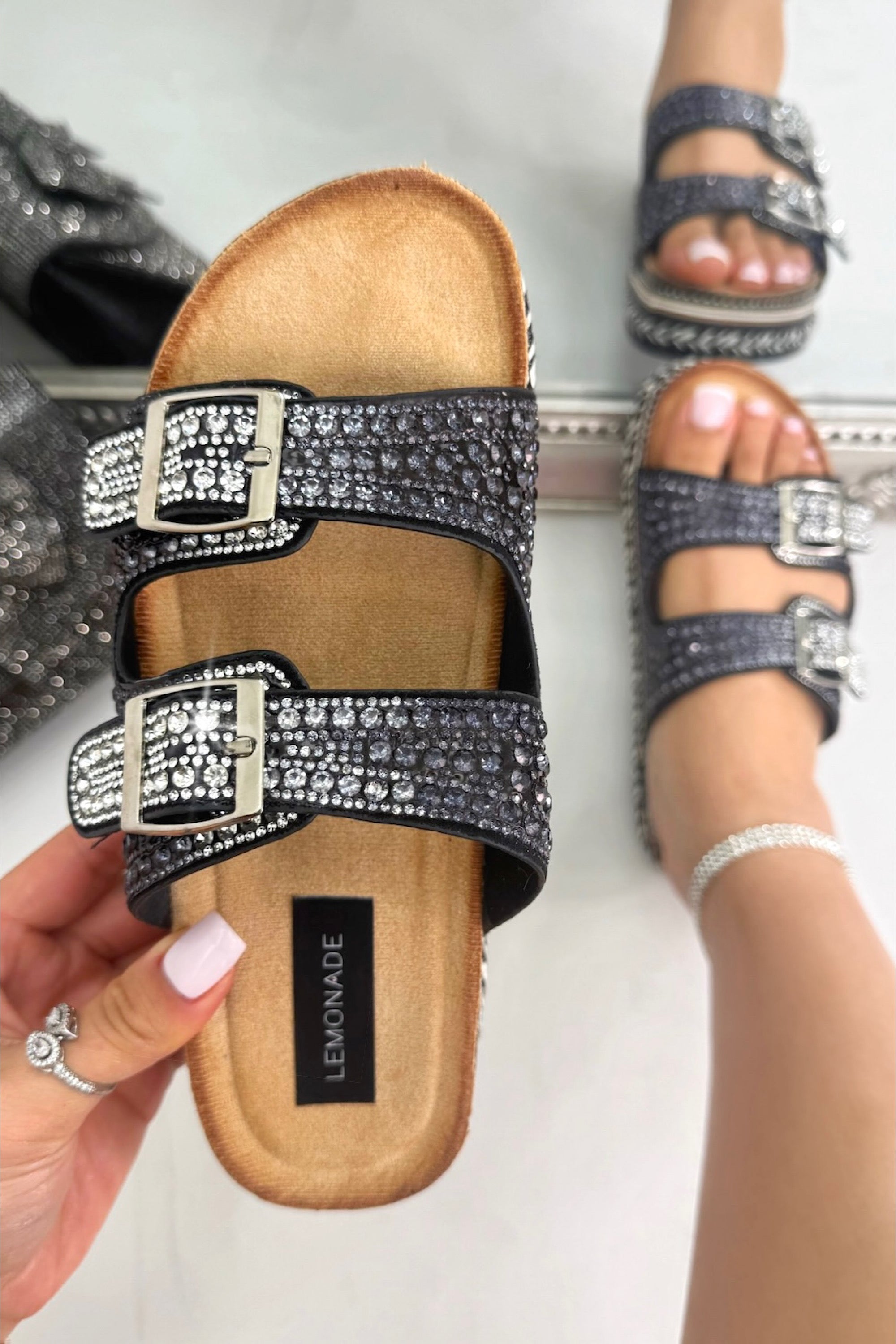 Crystal Riviera Double Buckle Sliders Black