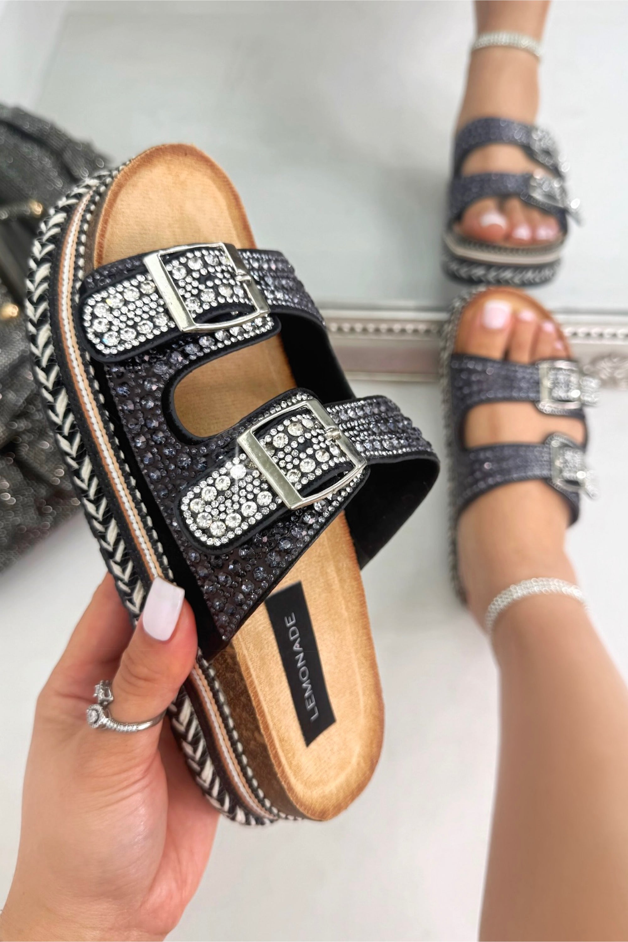 Crystal Riviera Double Buckle Sliders Black