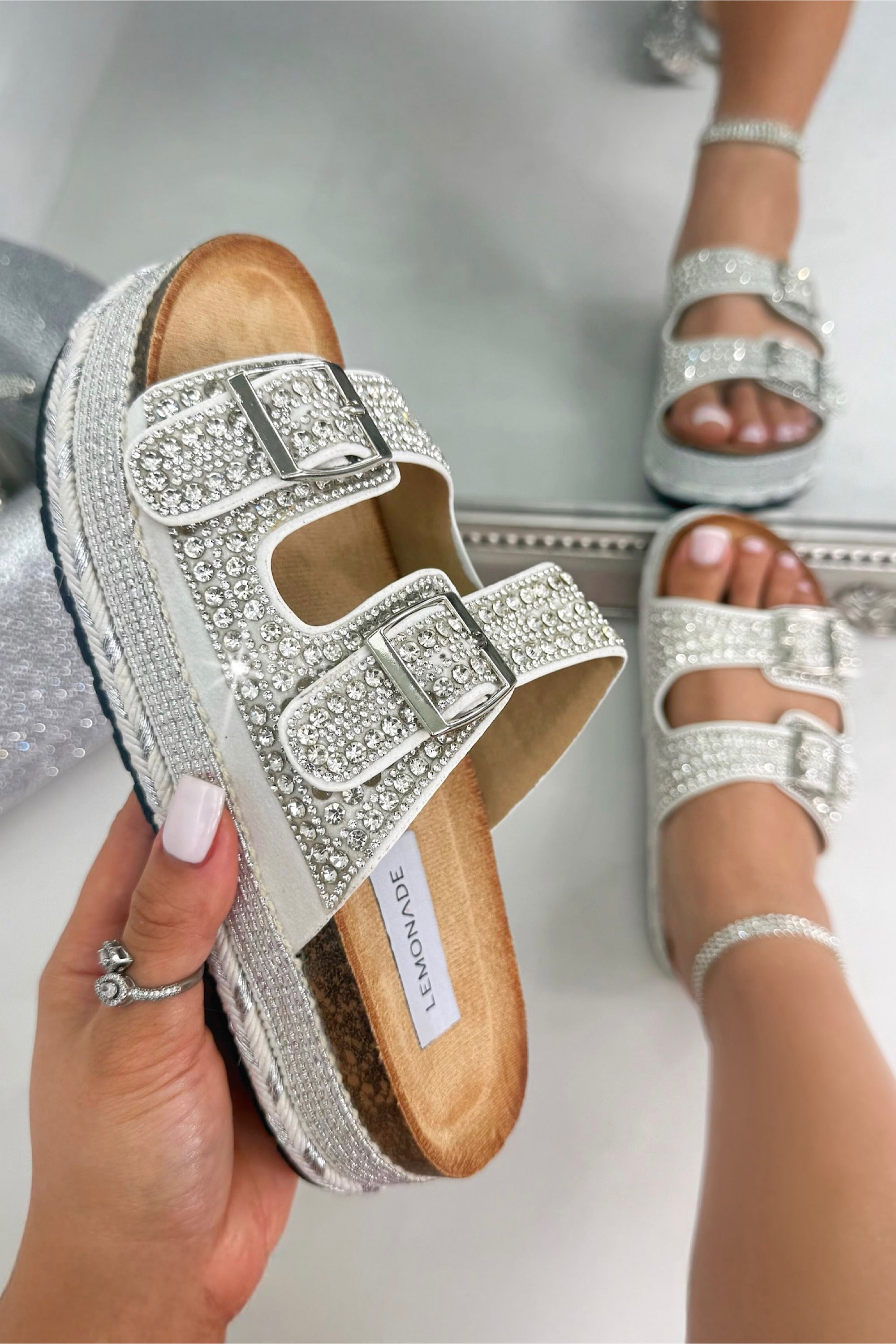 Crystal Riviera Double Buckle Sliders Silver