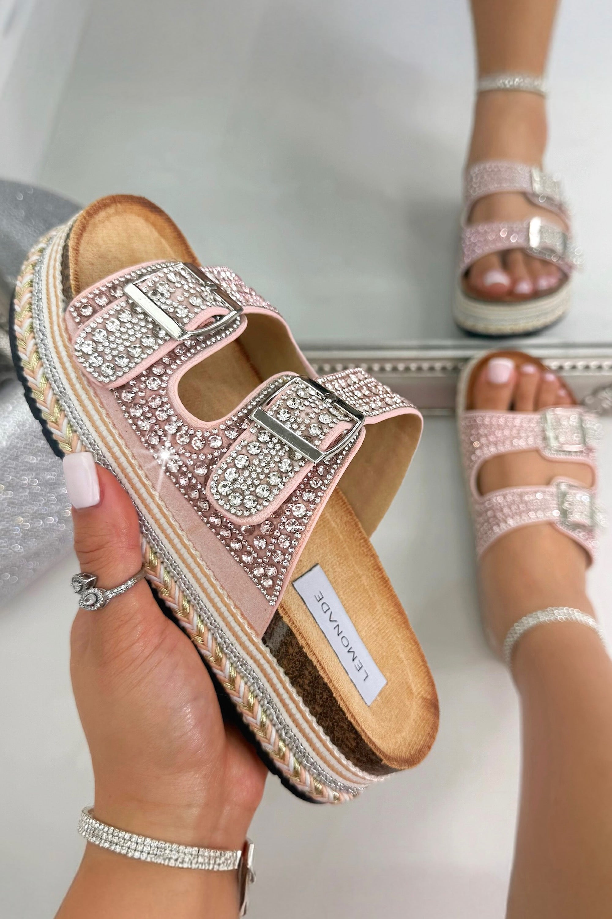 Crystal Riviera Double Buckle Sliders Pink