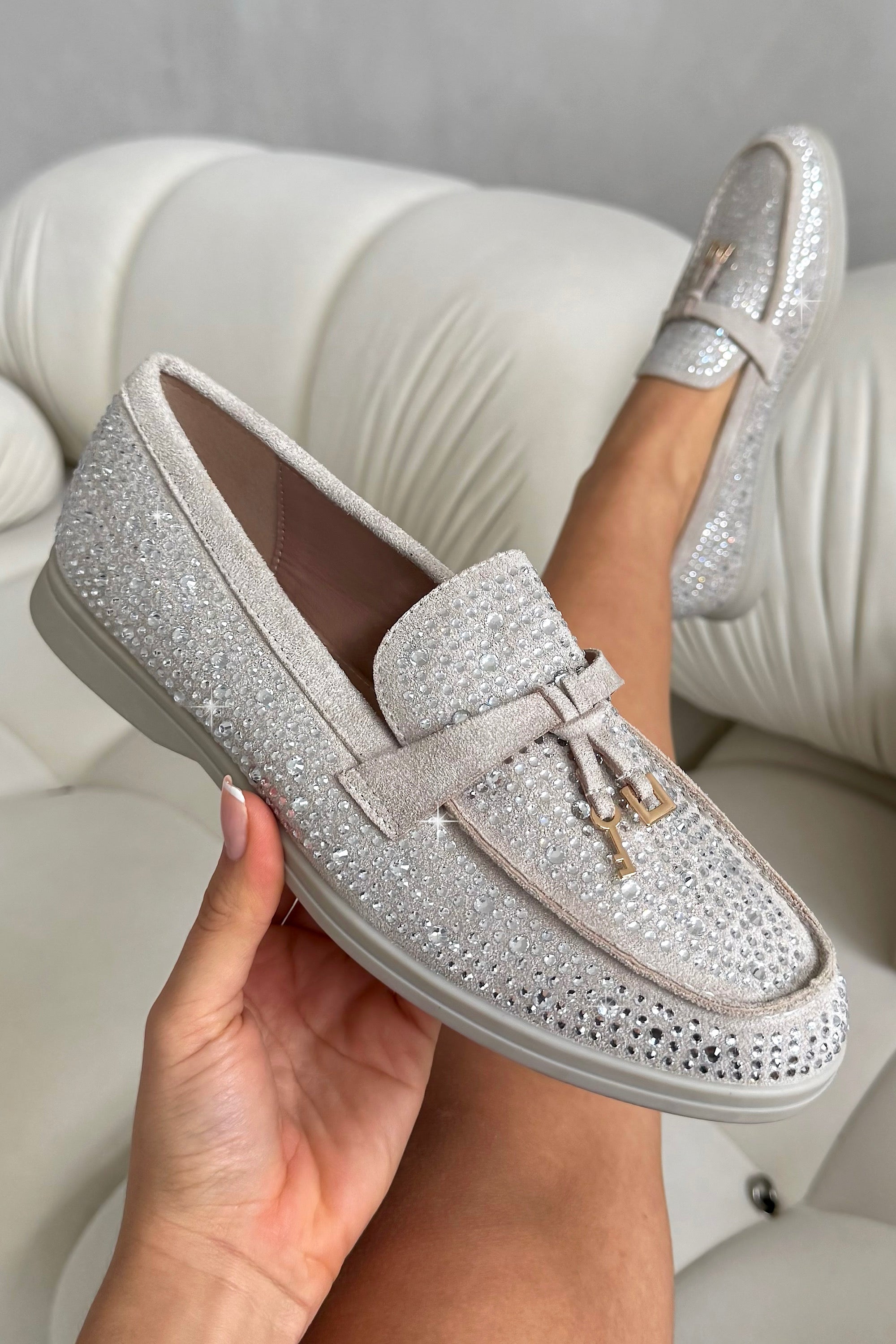 Crystal Luna Slip-On Flat Loafers Grey featuring elegant slip-on loafers with crystal embellishment